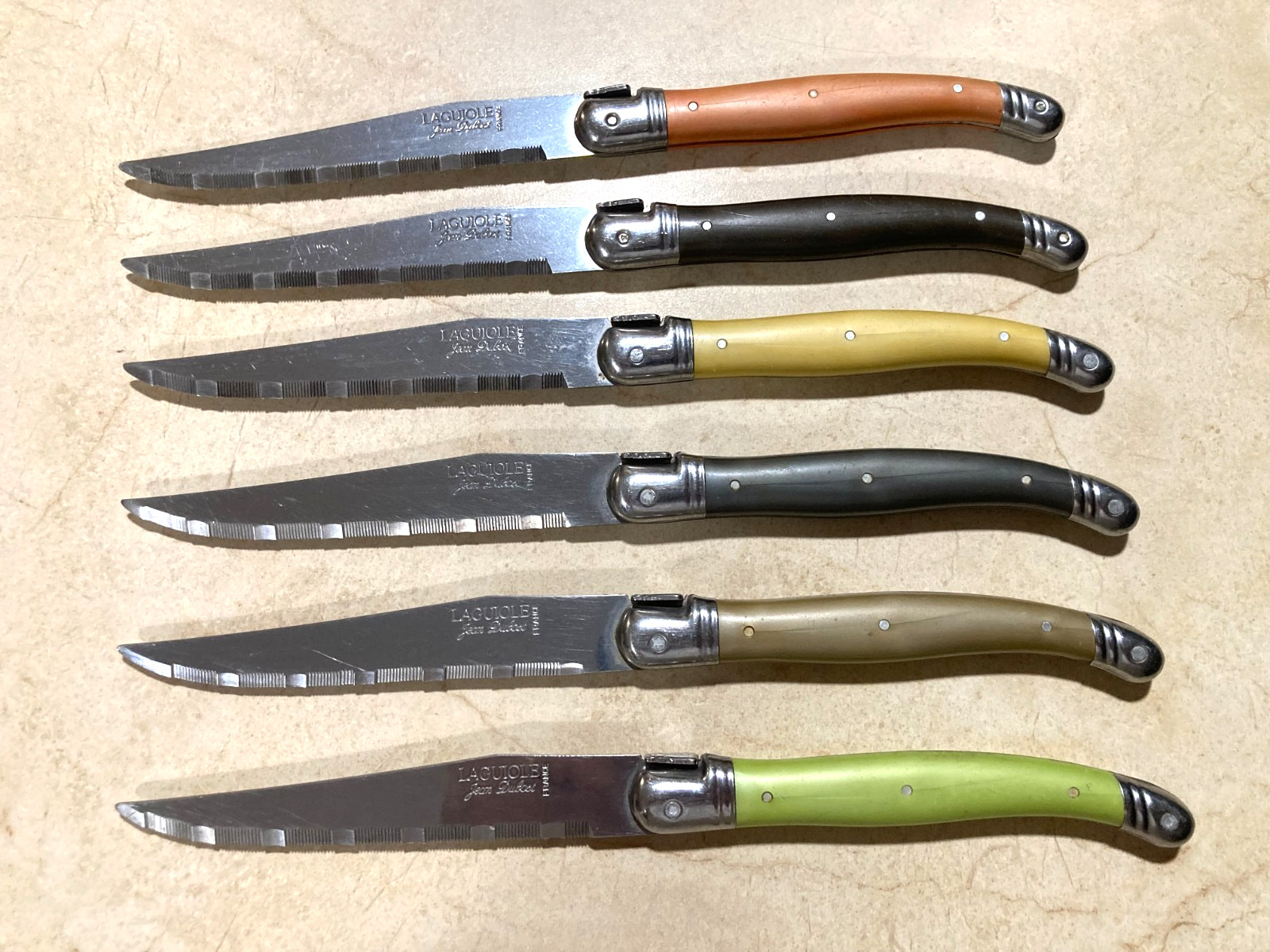 Laguiole France Stainless Steel Steak Knives w/ Bee- 6 Multi Color Serrated