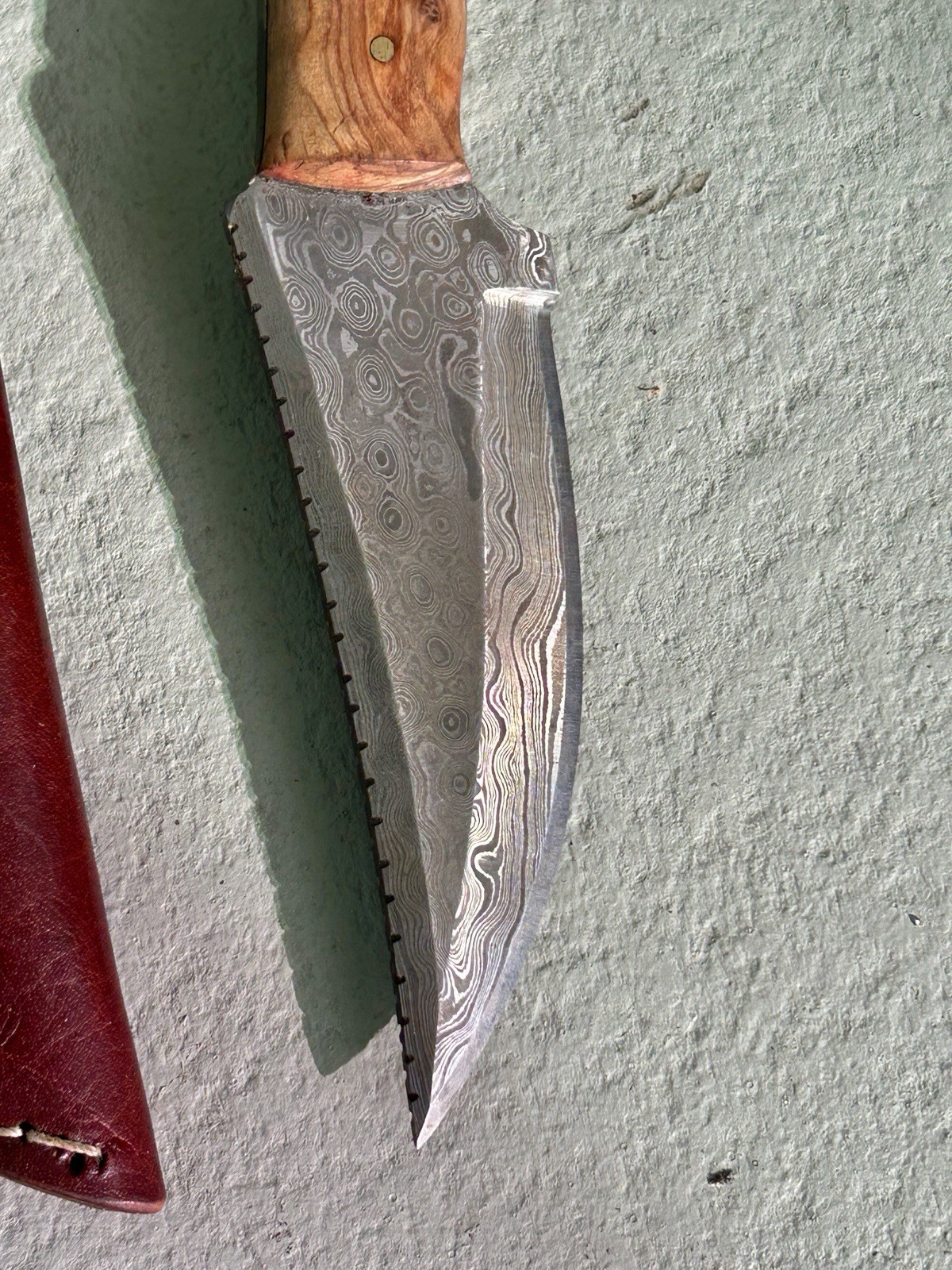 Custom Handmade Damascus Steel Knife 4⅜ Blade Burl Wood Handle w/ Leather Sheath