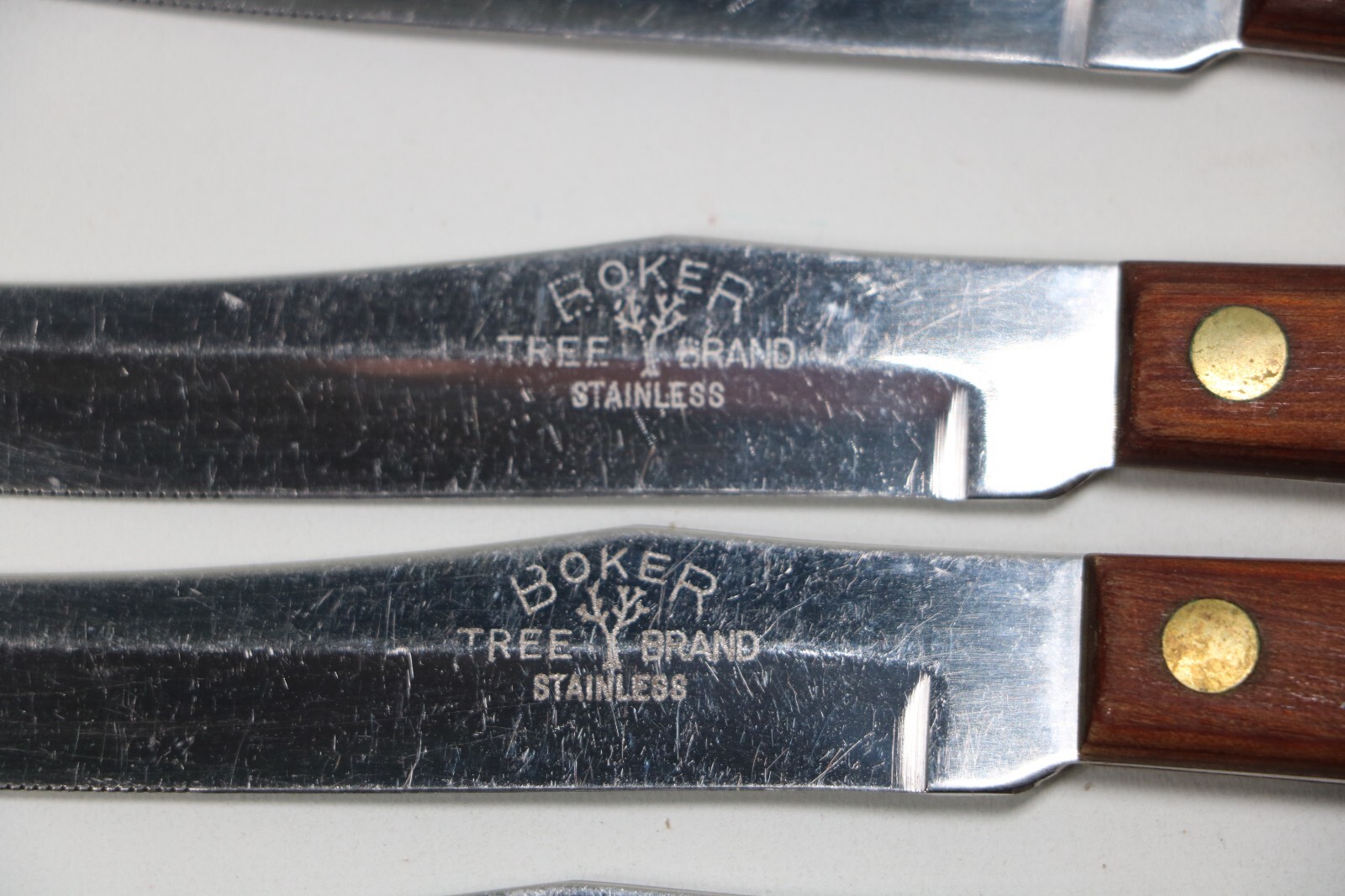 Vintage Boker Tree Brand Stainless Steak Knife Set 6pc USA Made Knives