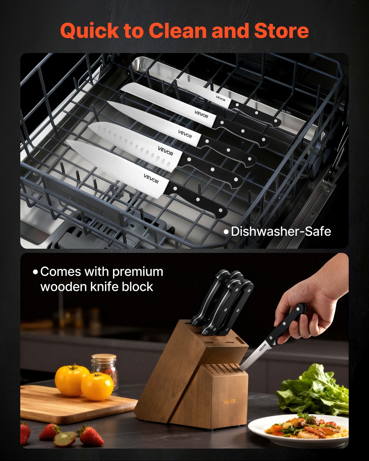 VEVOR Kitchen Knife Set with Block and Sharpener 15 PCS with Ergonomic Handle