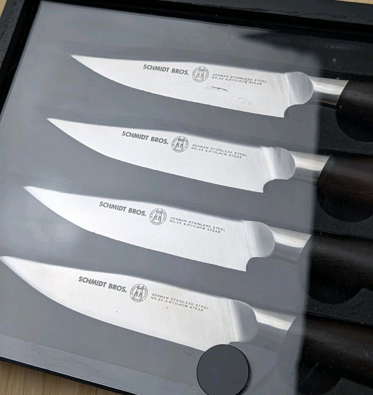 SCHMIDT BROS. 4pc DELTA Steak Knife Set, Ebonized Acacia Wood Handles, Gift Box