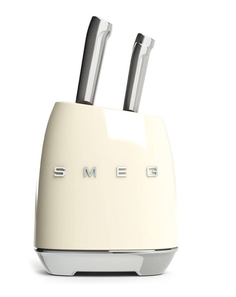 SMEG Kitchen Knife Set with a stand of 6 stainless steel knives in beige color
