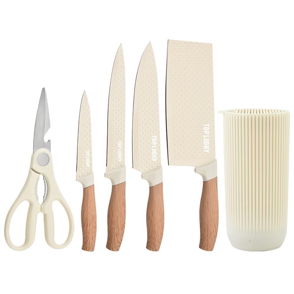 Beige Kitchen Knife Set AntiRust Stainless Steel Universal Block 6 Piece