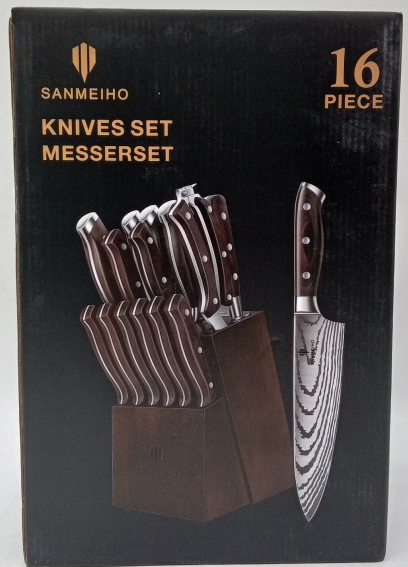 SANMEIHO 16 Piece Knife Set Stainless Steel Kitchen Knives Chefs W/ Wooden Block