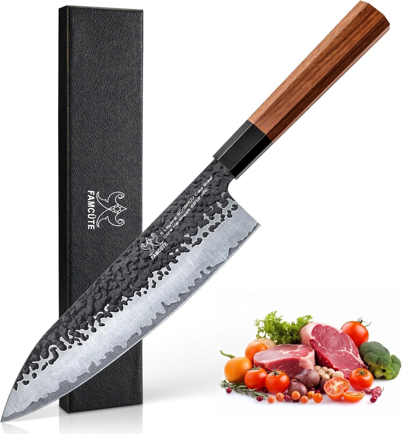 Hand Forged 8 Inch Chef Knife with Rosewood Handle and High Carbon Steel Blade