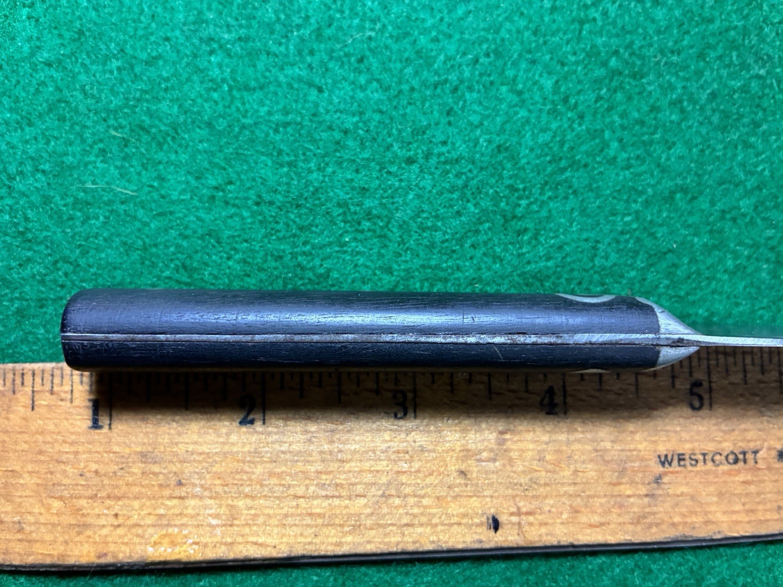 Vintage Late 1800s Carbon Steel Paring Knife Wood Handles Pewter Inlays Bolsters