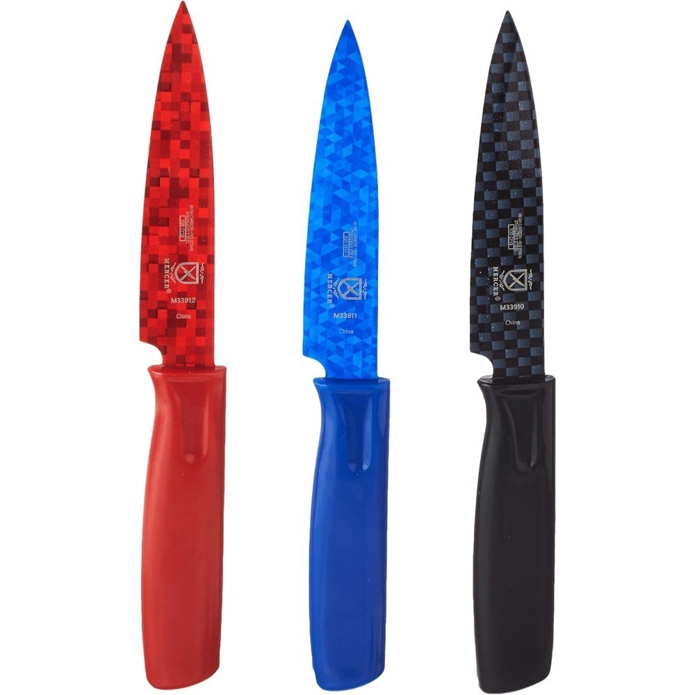 Non-Stick Paring Knives 4 Inch with ABS Sheaths Set of 3 Red Blue Black