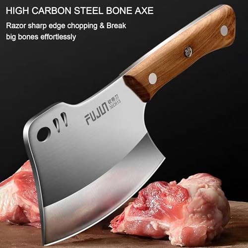 Heavy Duty Meat Cleaver Knife, 6″ High Carbon Steel Butcher Axe, Full Tang Teak