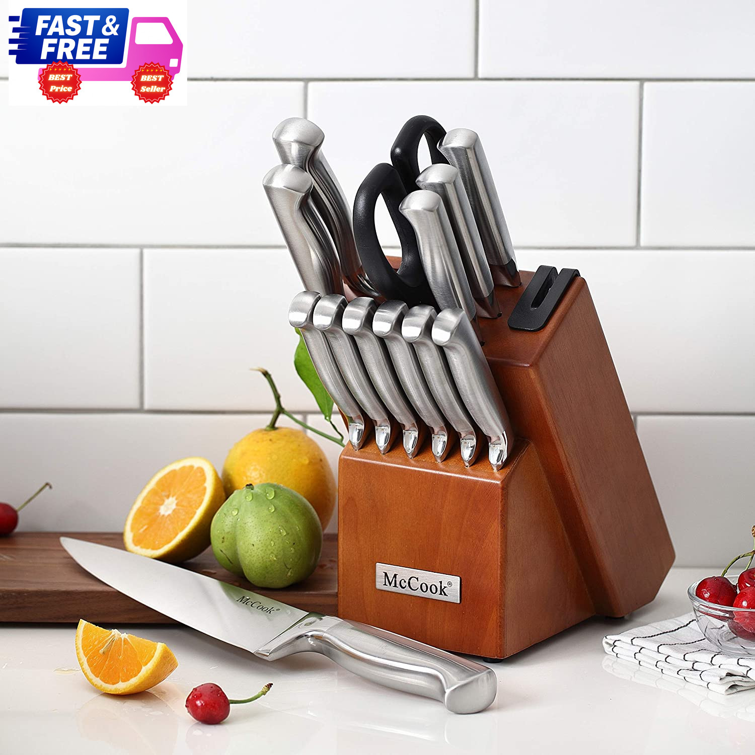 Kitchen Knife Set German Stainless Steel w/ Block & Built-In Sharpener
