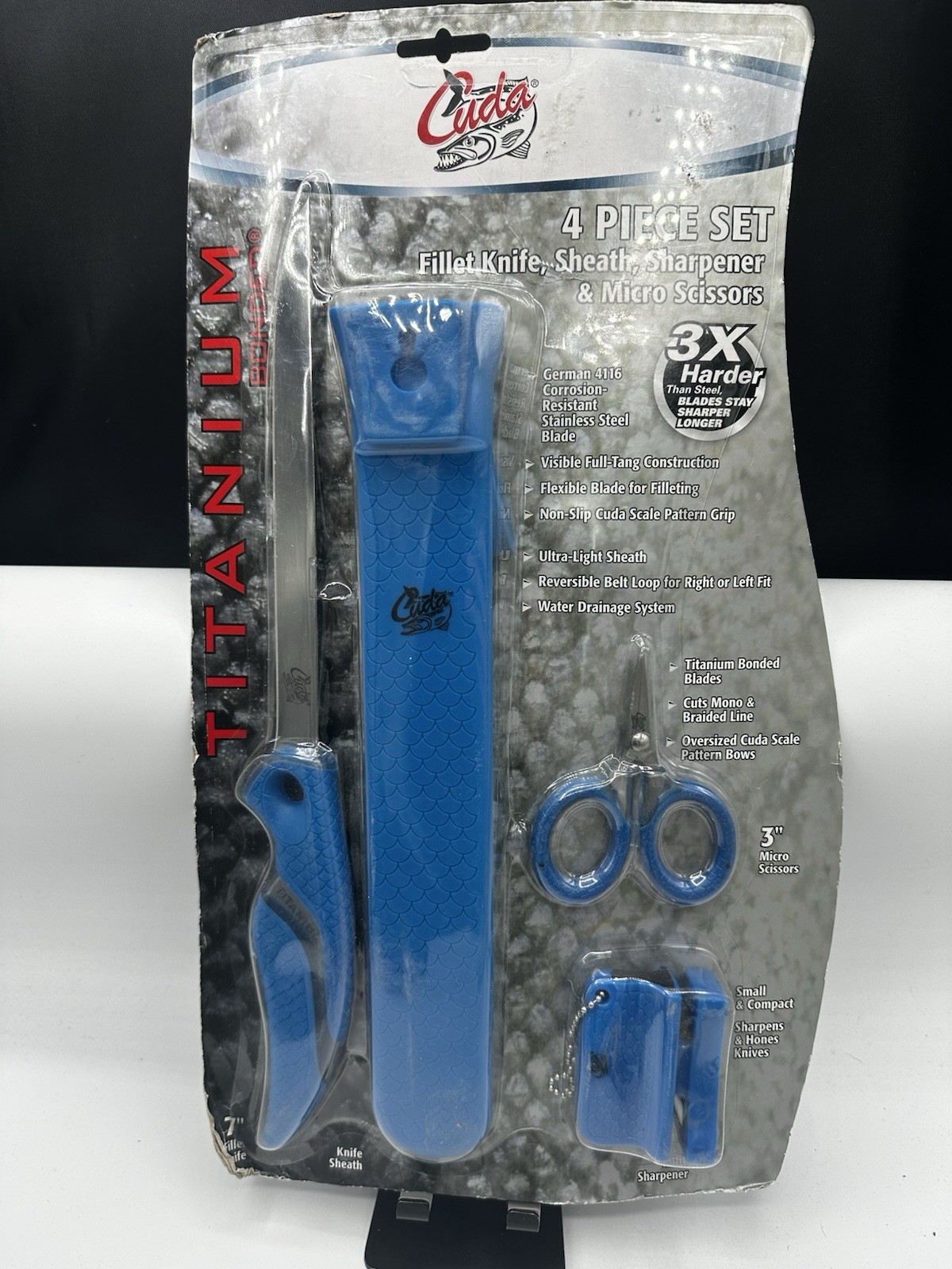 Cuda Titanium 4 Piece Fishing Set – 7″ Fillet Knife, Sheath, Sharpener, Scissor