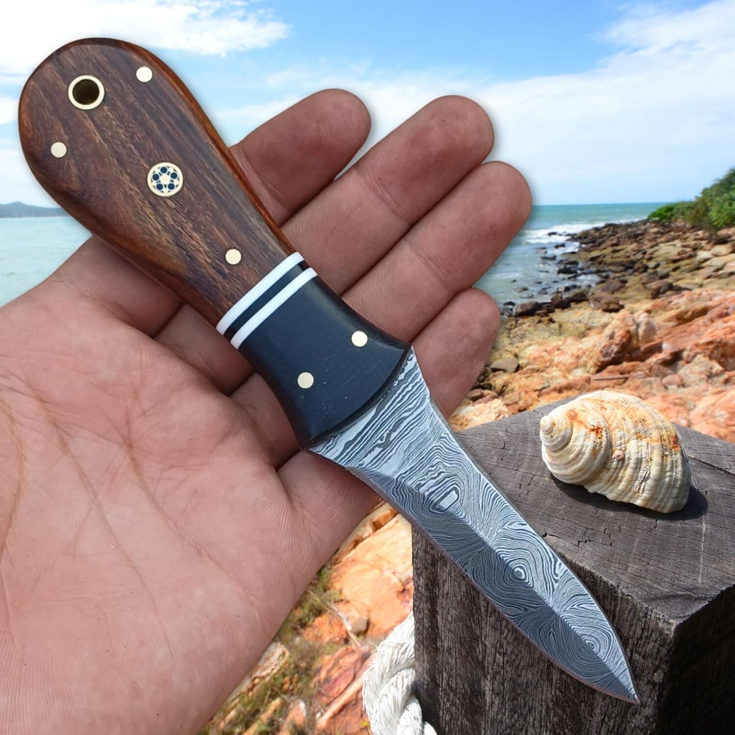 Handmade Damascus Sea Food Oyster Shucker Knife, Shucking Tool with Sheath