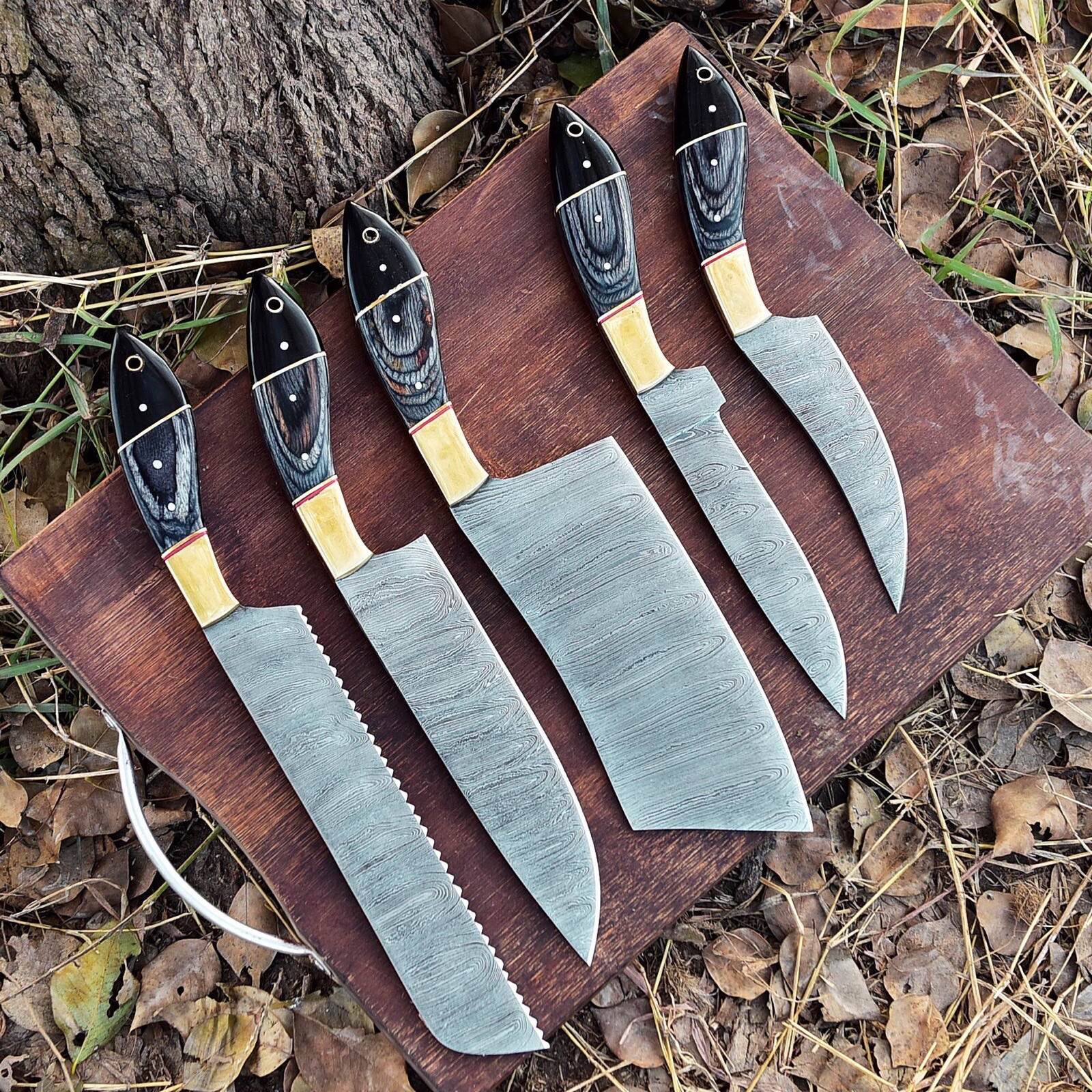 Damascus Steel Knife Set of 5 Custom Handmade Forged Chef Kitchen Fixed Blade