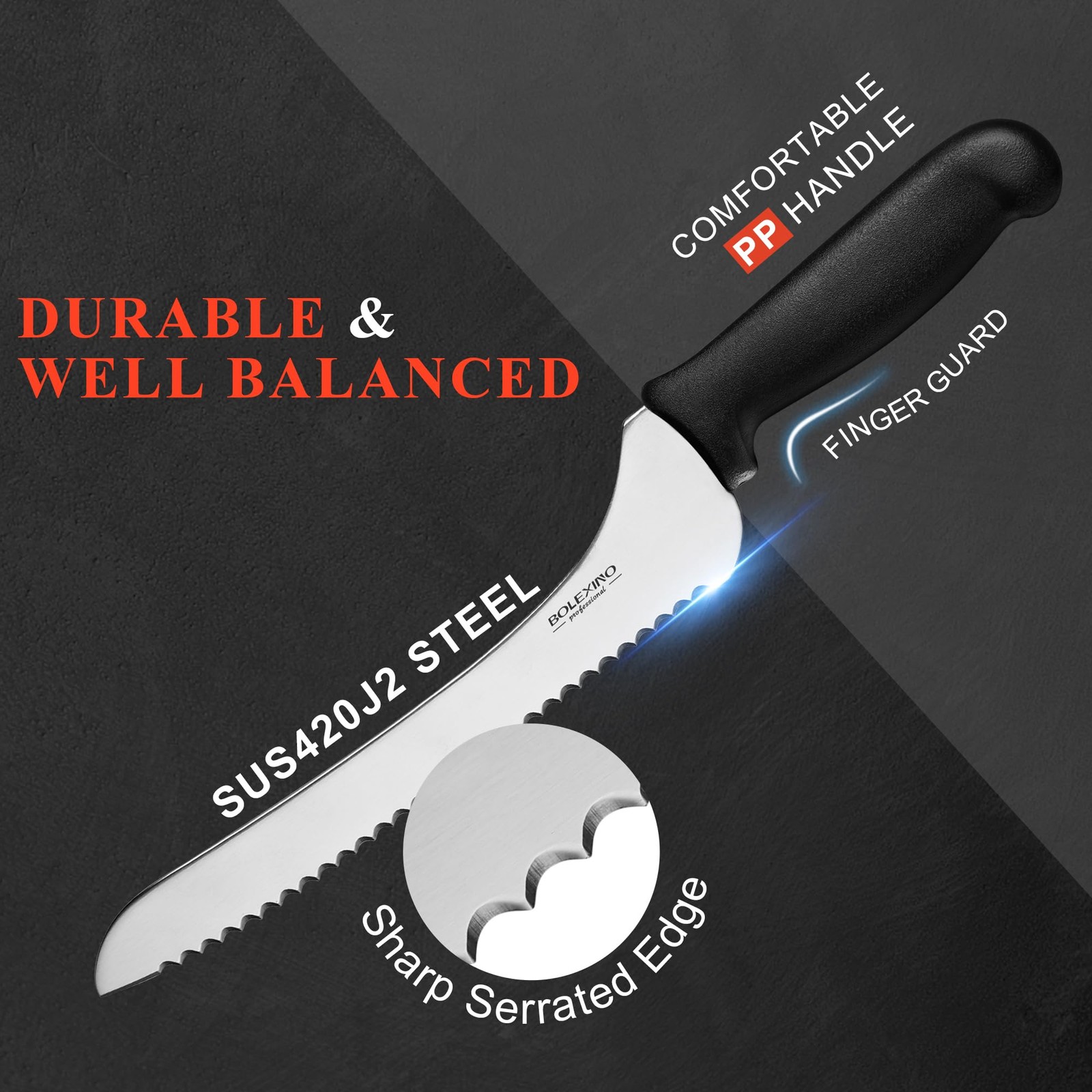 9 Inch Offset Serrated Bread Knife Wavy Edge High Carbon Kitchen Slicer