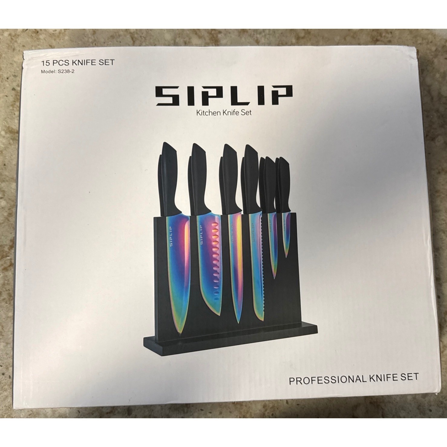 Siplip 15 Piece Kitchen Knife Set Rainbow Titanium Stainless Steel Magnetic Bloc
