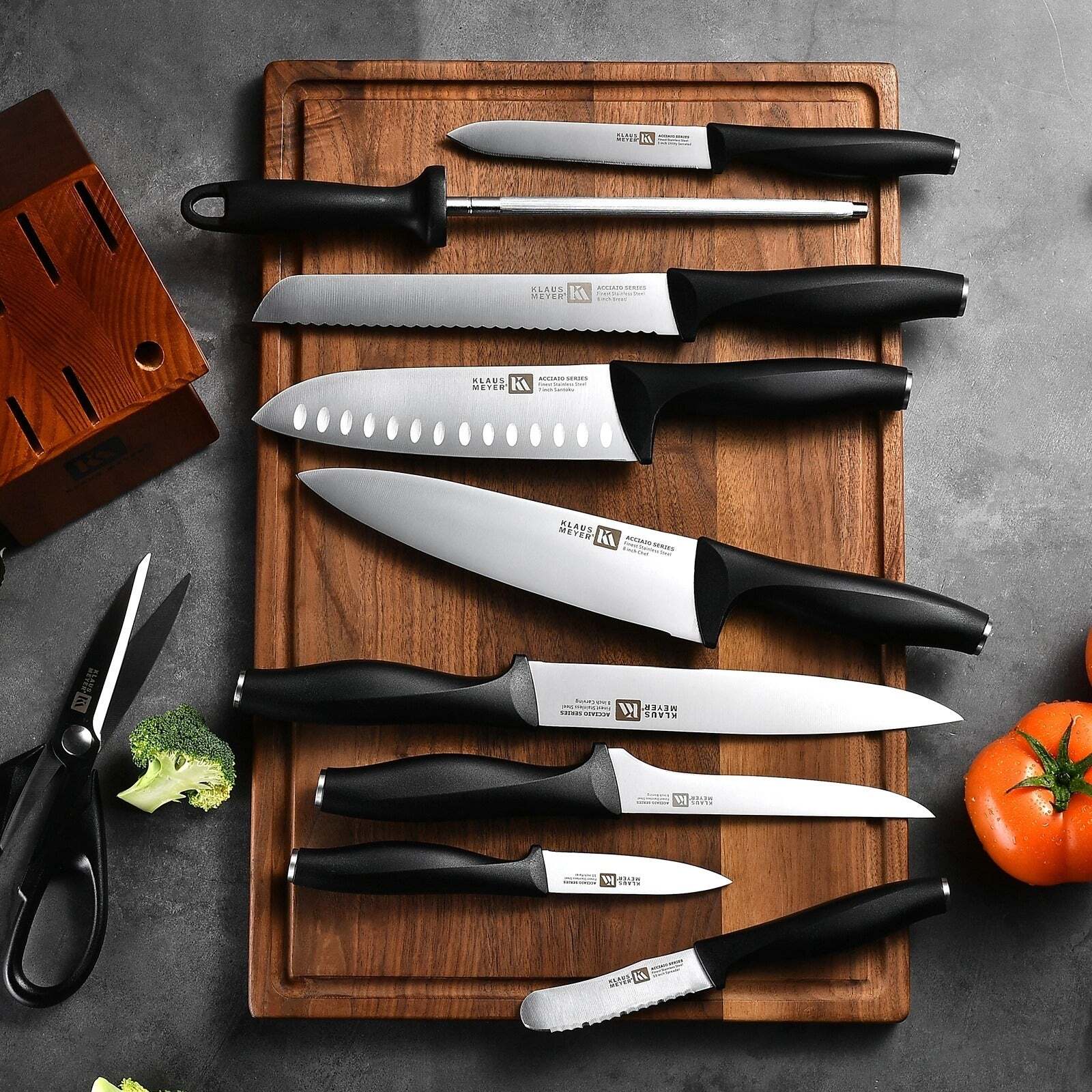 Klaus Meyer Acciaio Finest Stainless Steel 11 Piece Kitchen Knife Block Set