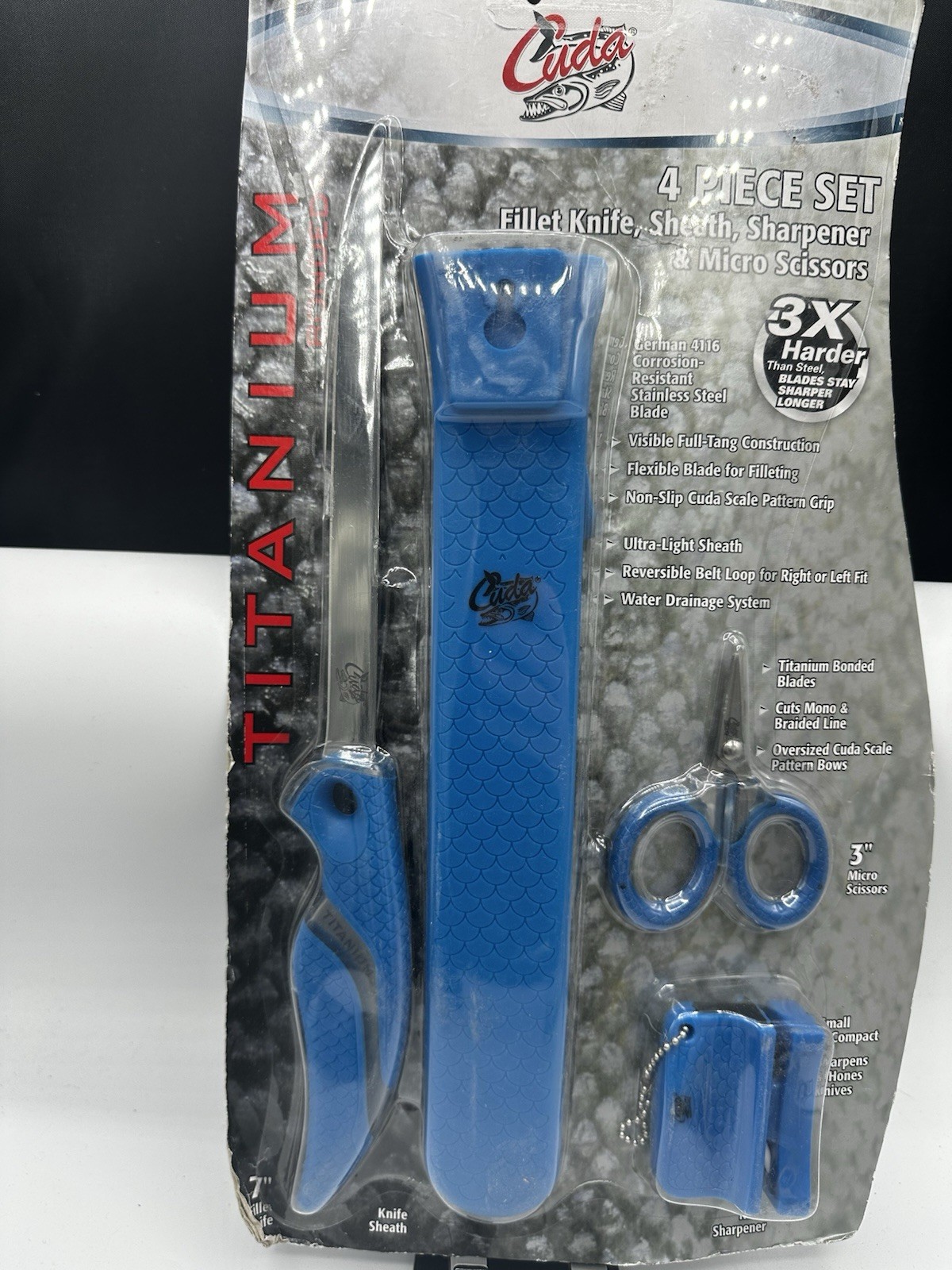Cuda Titanium 4 Piece Fishing Set – 7″ Fillet Knife, Sheath, Sharpener, Scissor