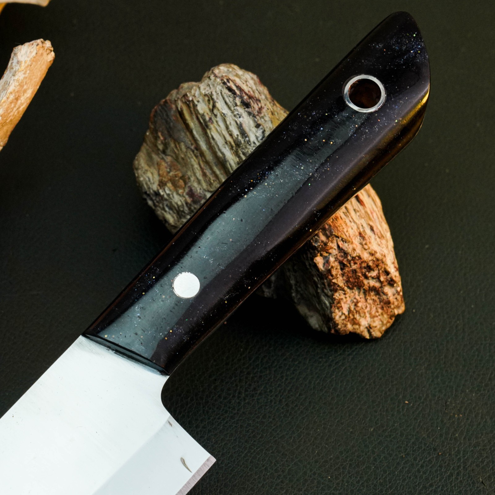 10.5″ D2 Kitchen Knife Full Tang Camping Resin Handle Chef Leather Sheath