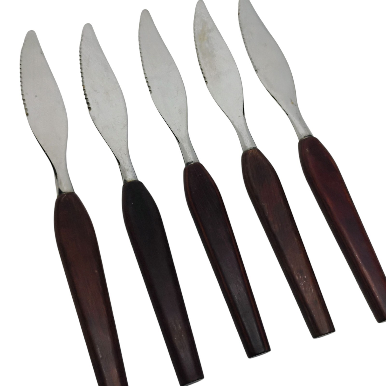 Vintage Teak Wood Fleetwood Designs Stainless Steak Knives Set of 5 8.25″ MCM