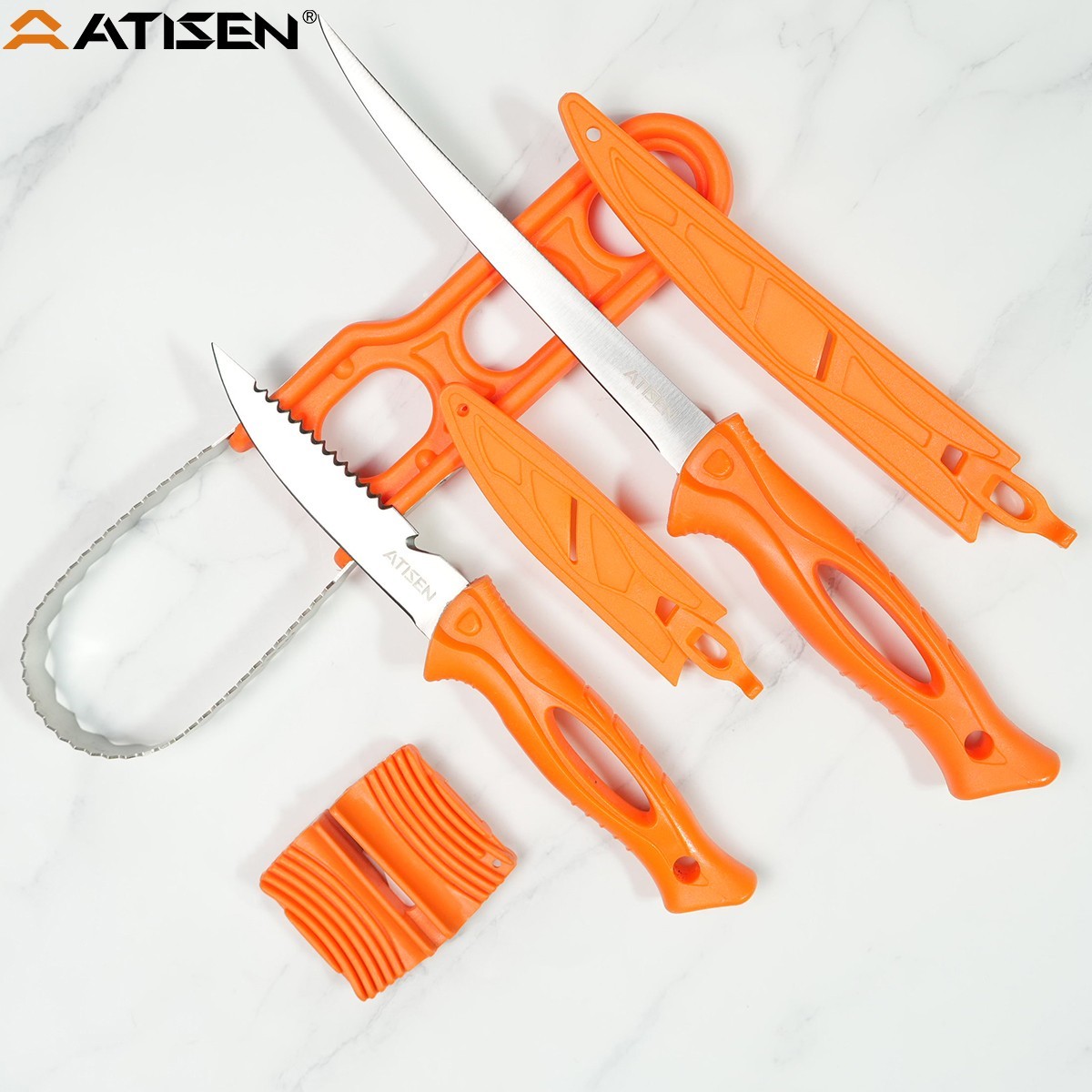 Orange Fish Knife Set 2PCS Fillet Knife w/Scaling Tool Sharpener BBQ Kit