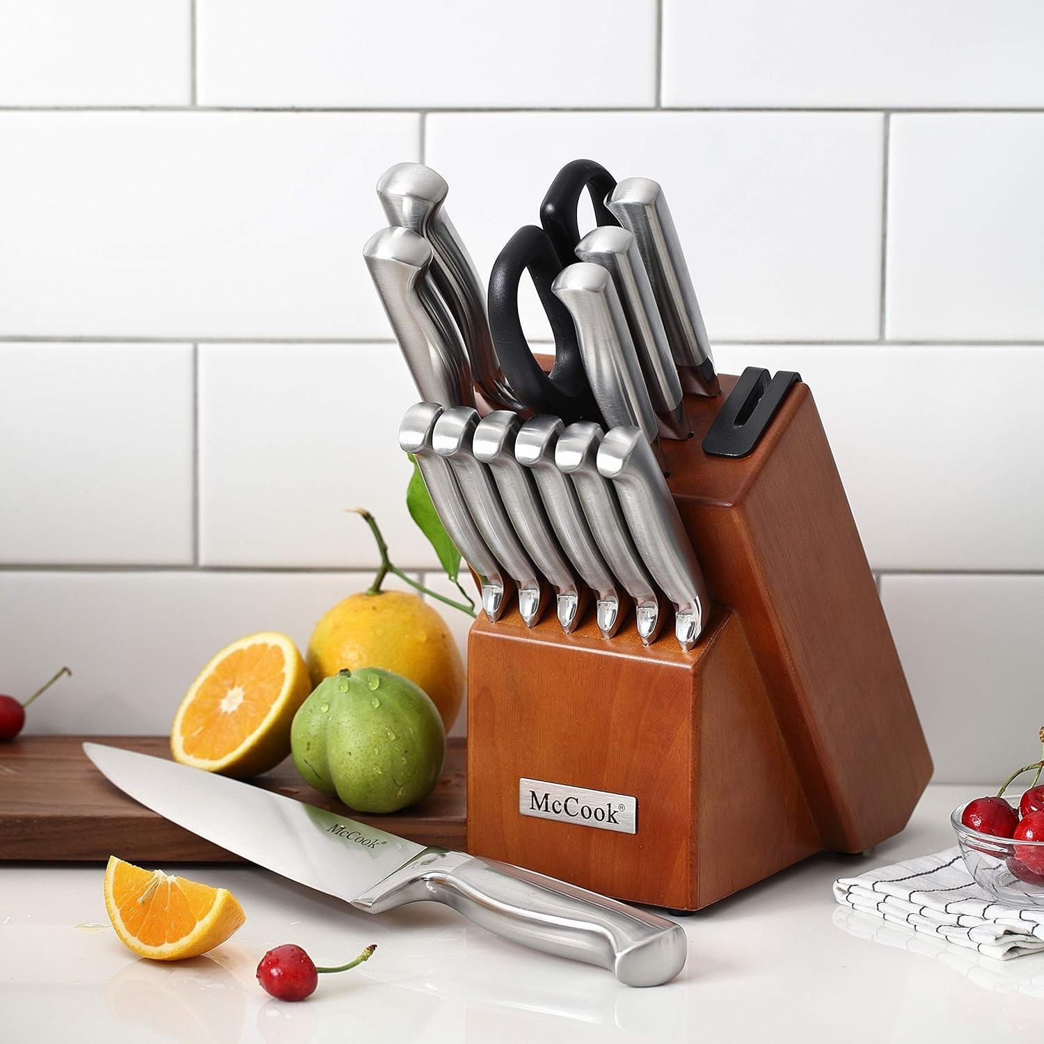 15-Piece German Stainless Steel Knife Set with Built-in Sharpener & Block