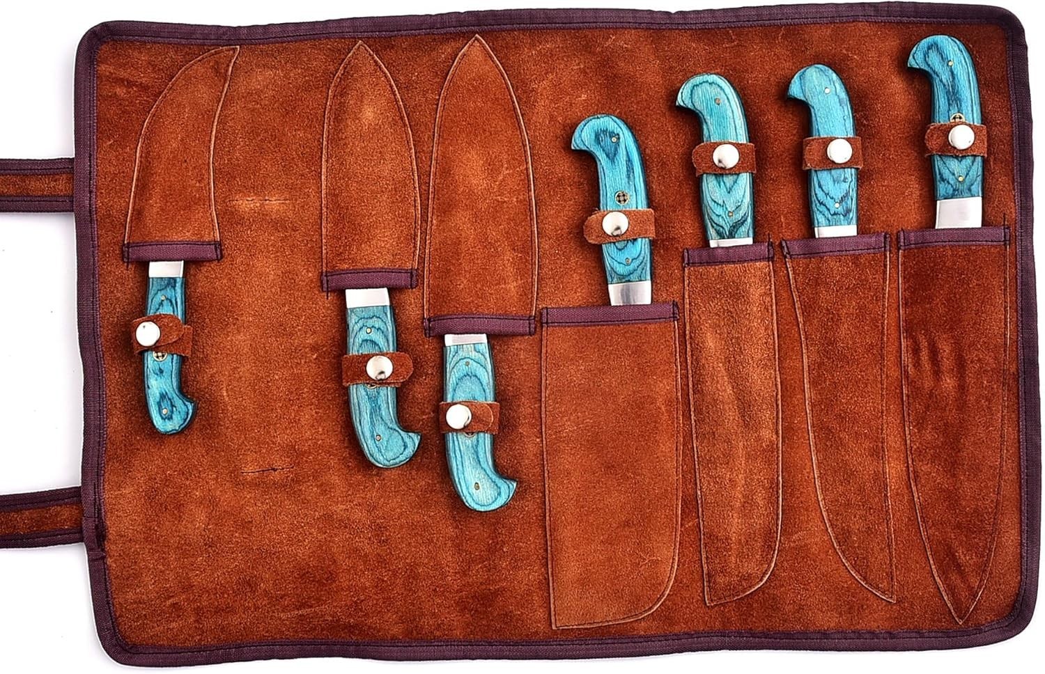 Custom made7 pcs Rust Resistant Damascus Kitchen Knife Set with Leather RollBag