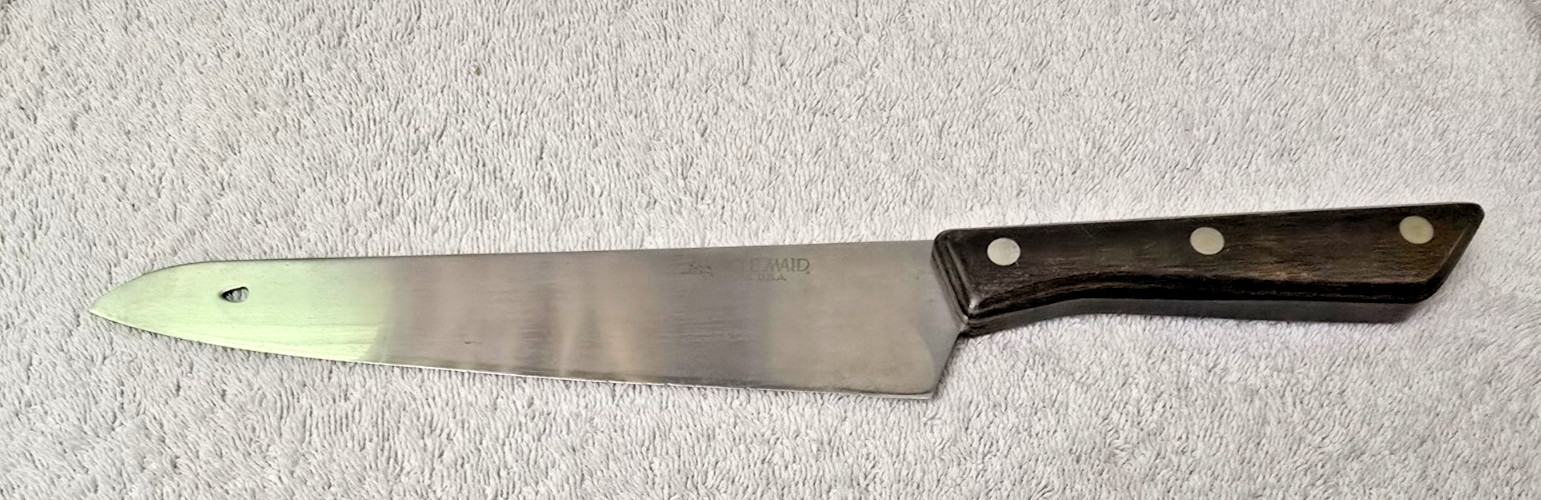 MIRACLE MAID 9″ Chef’s Knife*Stainless Steel Wood Handle Partial Tang*VTG MCM*US