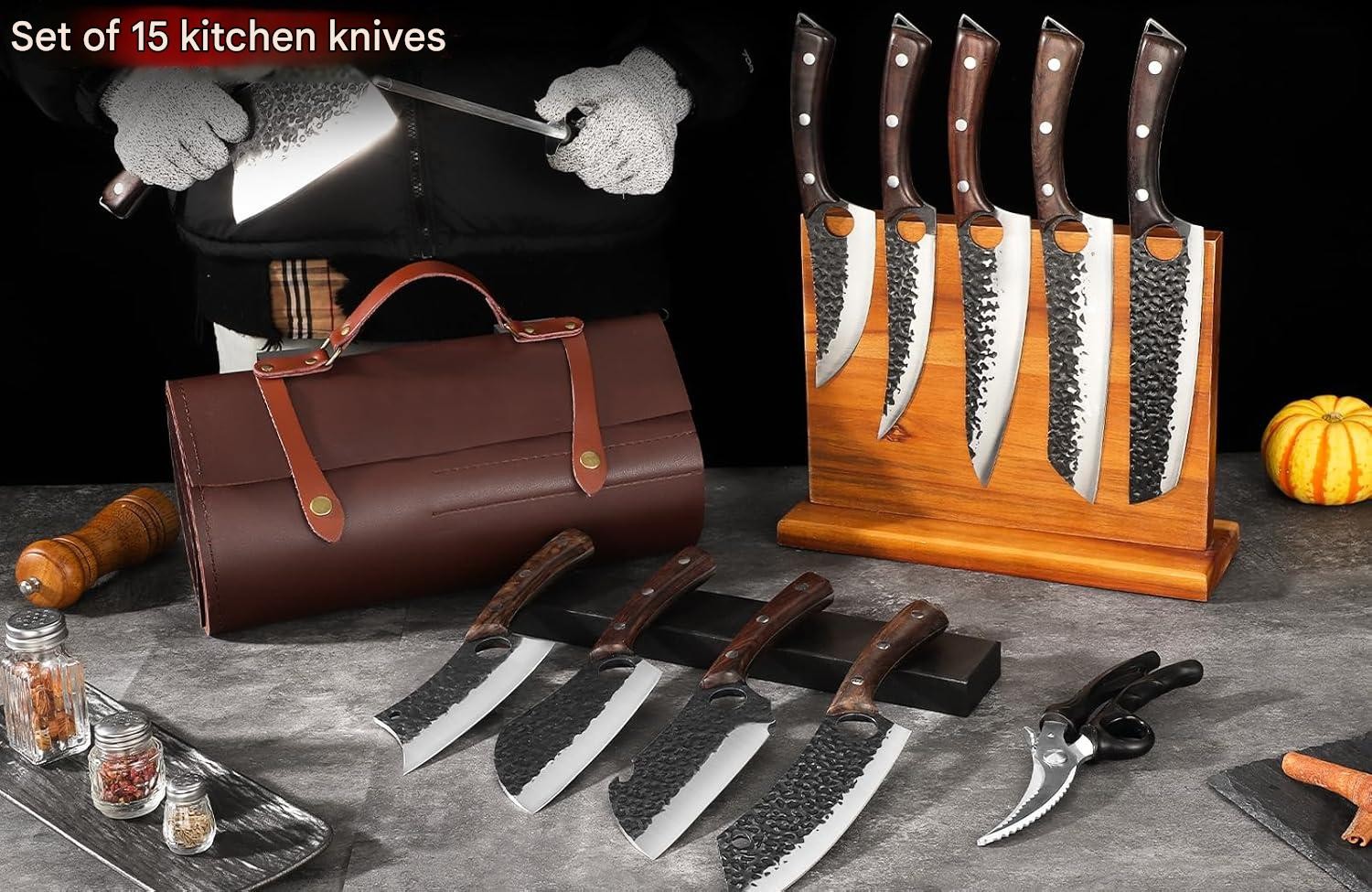 Serbian Chef Knife Set Hand Forged Butcher Knife Set with Bag Brisket & Trimming