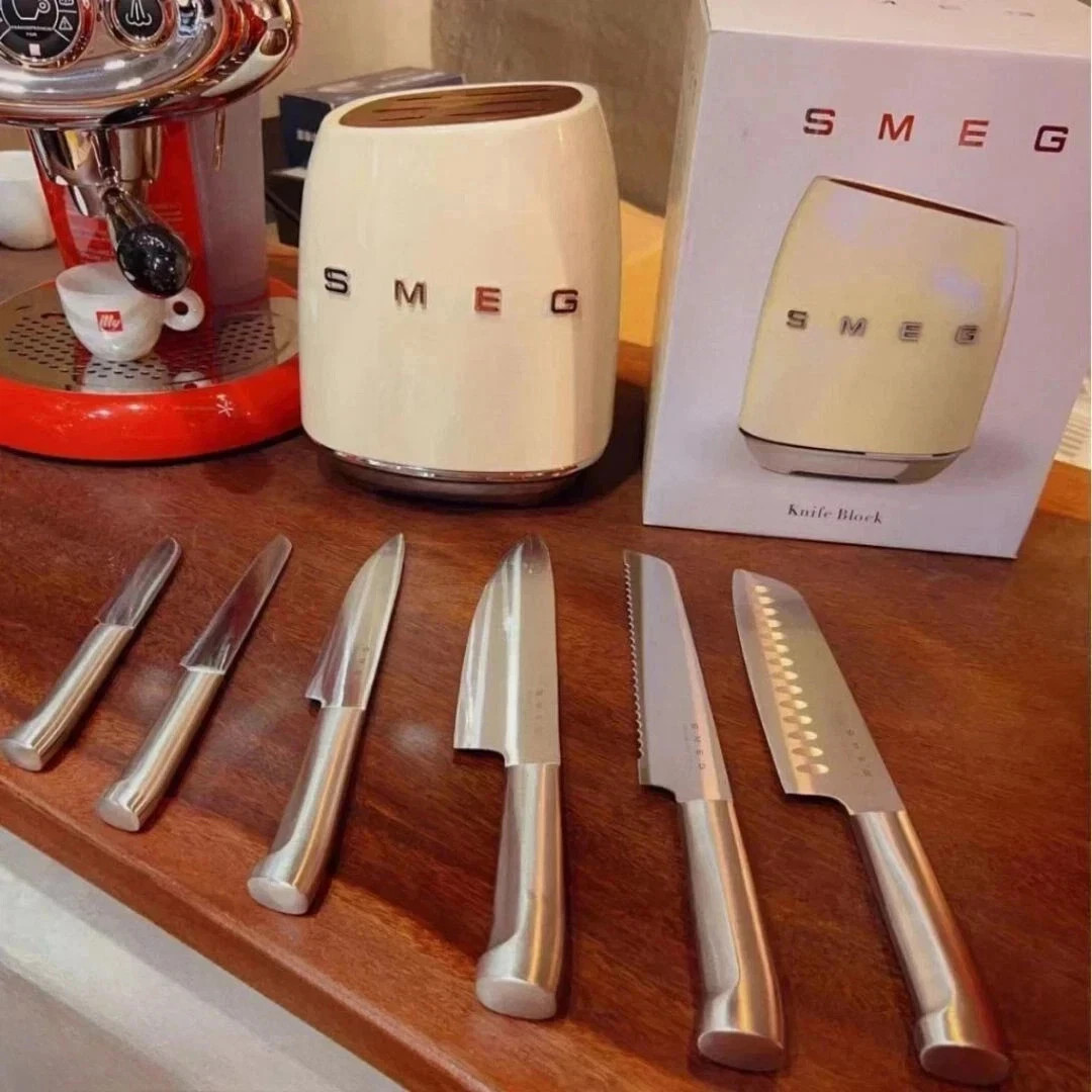 SMEG 7-Piece knife Block set stainless steel Cream Color New DHL EXPRESS