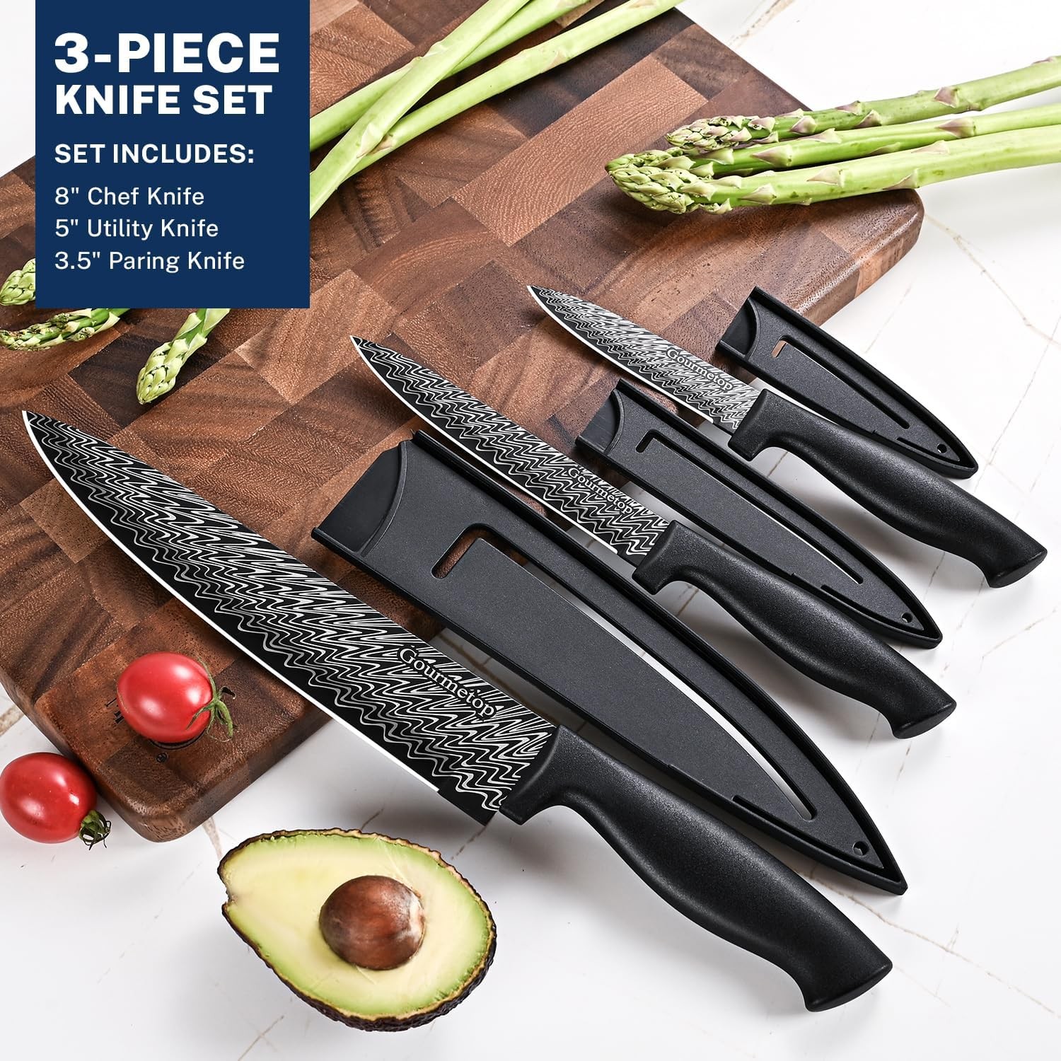 Kitchen Knife Set with Protective Sleeves 3 Piece Black Chef Knives Sharp