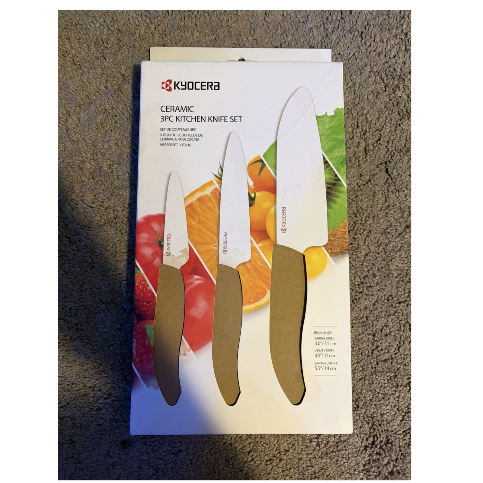 Kyocera Ceramic Knife Set Paring Utility Santoku 3pc 3.0 4.5 5.5in Blades