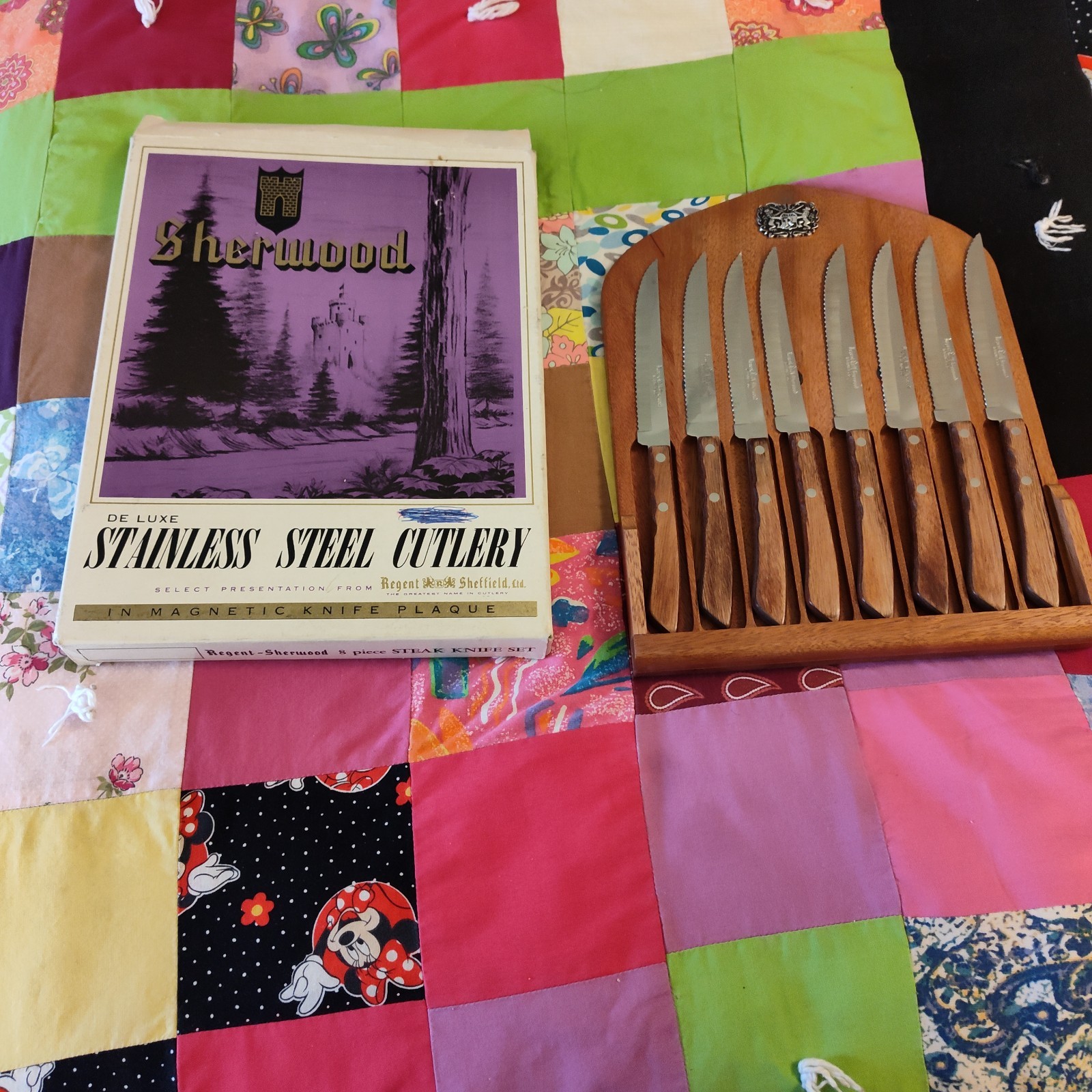 SHERWOOD DE LUXE STAINLESS STEEL 8PC STEAK KNIEF SET IN POLISHED HARDWOOD BLOCK
