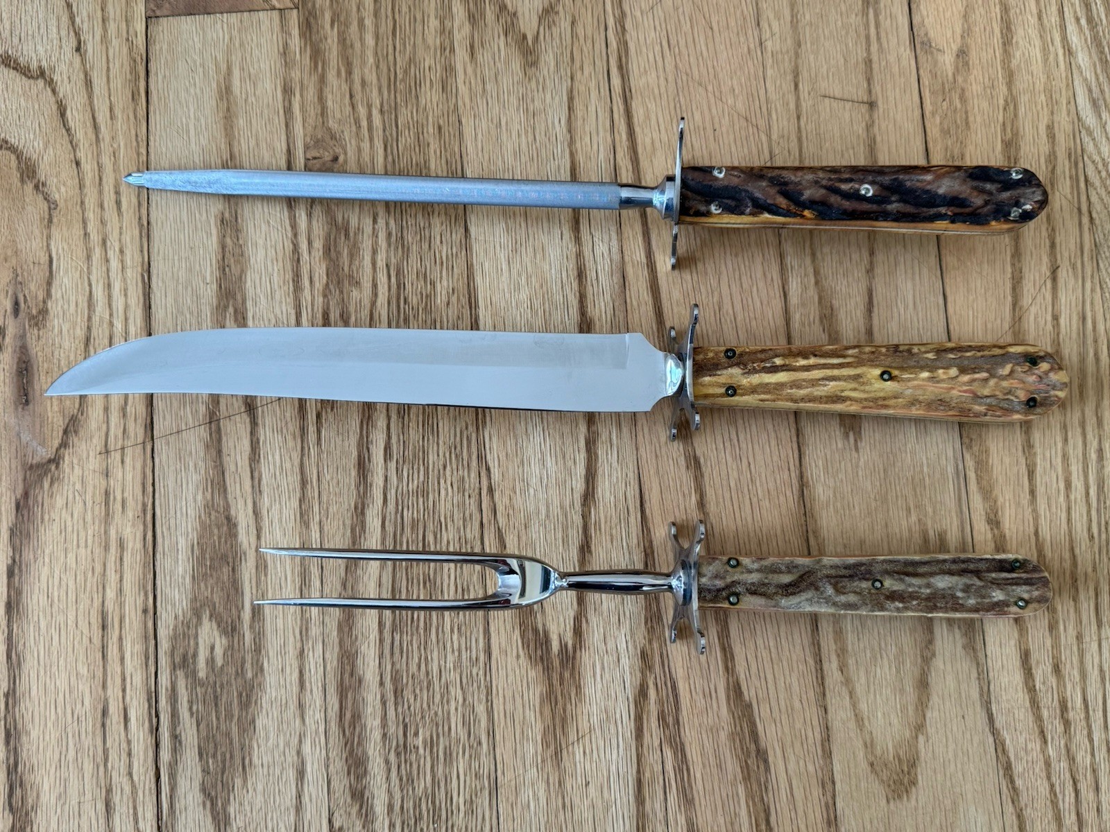 Vintage KA-BAR Stag Handle Carving Set Knife Fork Steel w/ Box