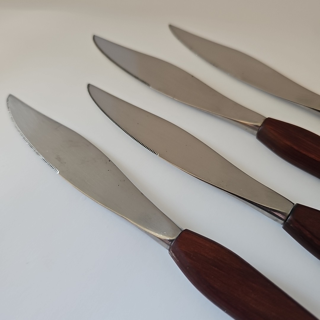 Fleetwood Designer Steak Knives Set Of Five Stainless & Teak MCM -D4