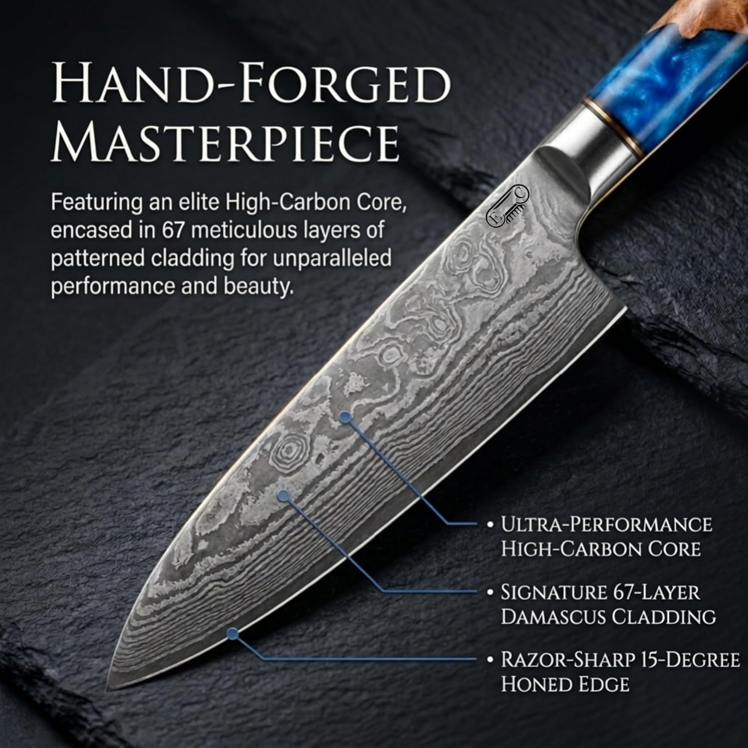 8pc Damascus Kitchen Knife Set; VG10 Japanese Steel; Blue Resin Handles