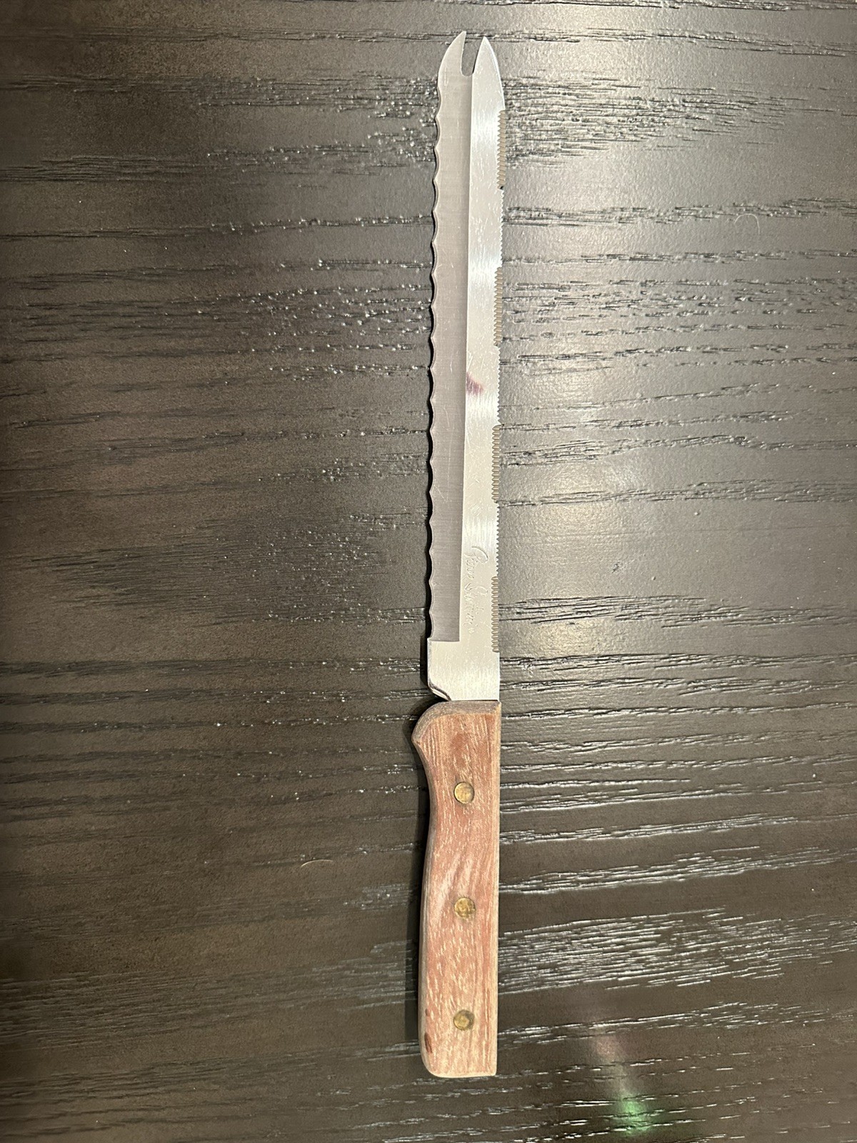 Vintage Pierre Santini Stainless Steel Double Edged Serrated Knives Wood Handle