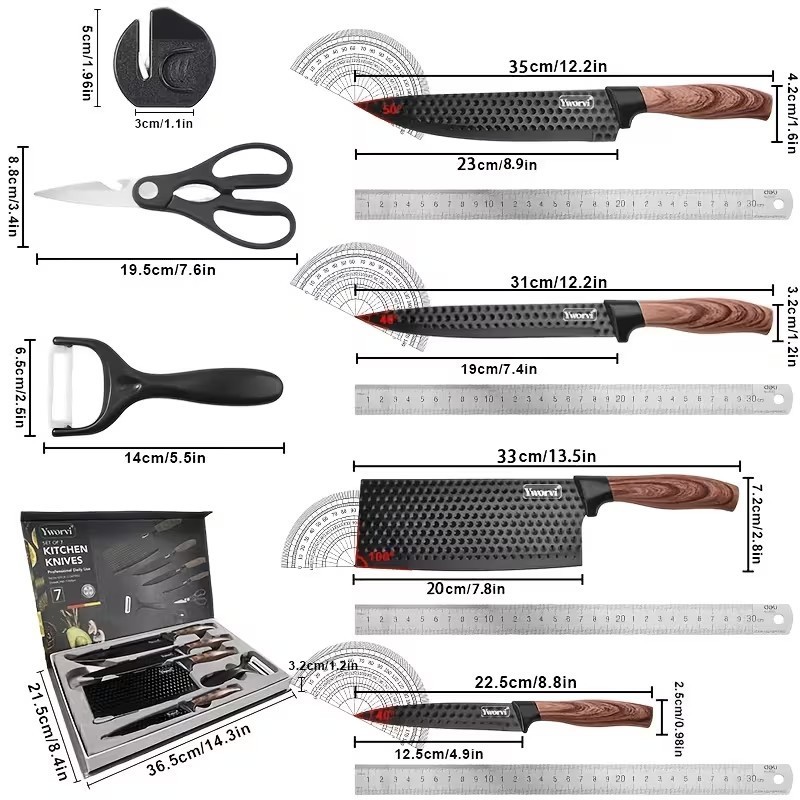7 Pcs Professional Kitchen Knife Set Stainless Steel Chef Scissors Block