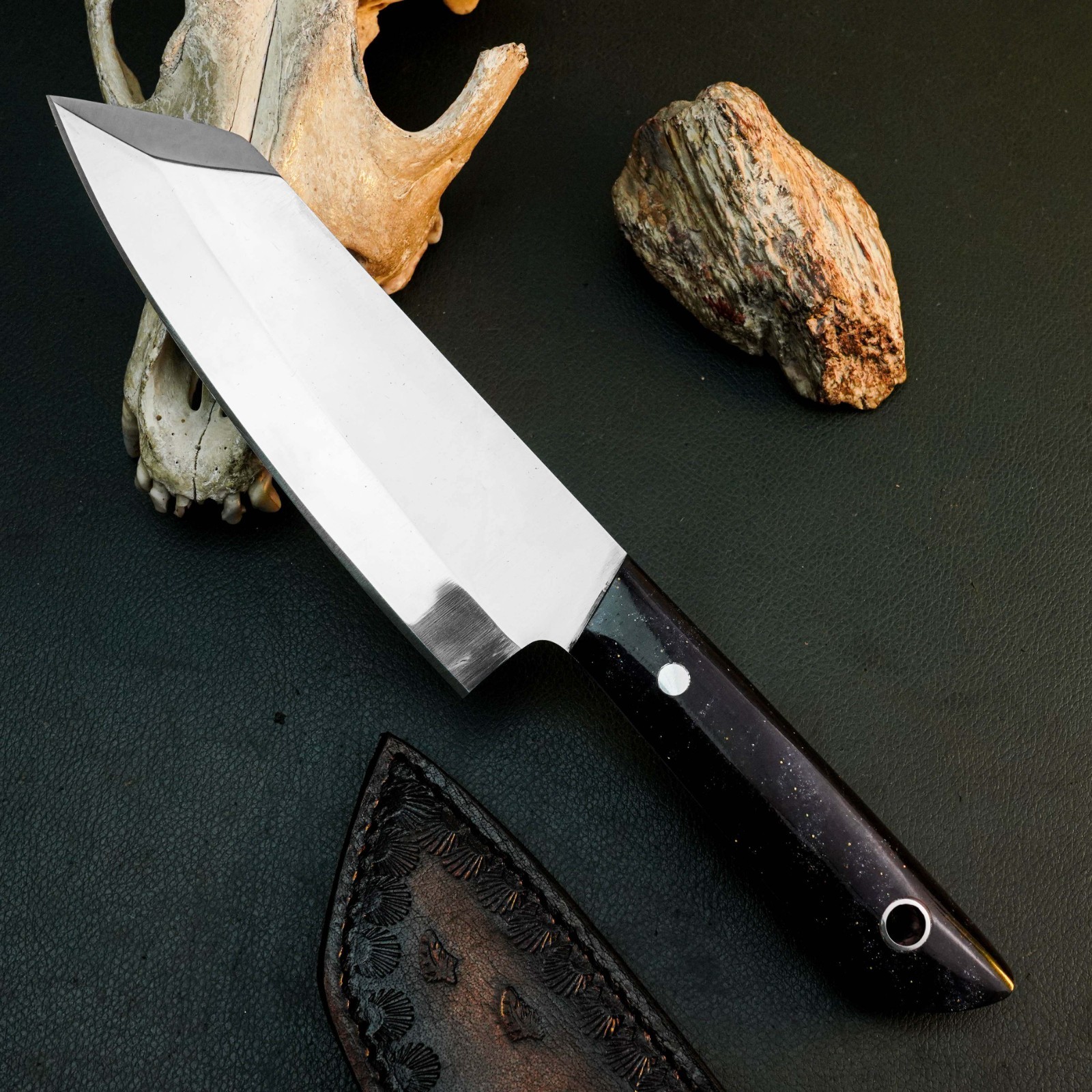 10.5″ D2 Kitchen Knife Full Tang Camping Resin Handle Chef Leather Sheath