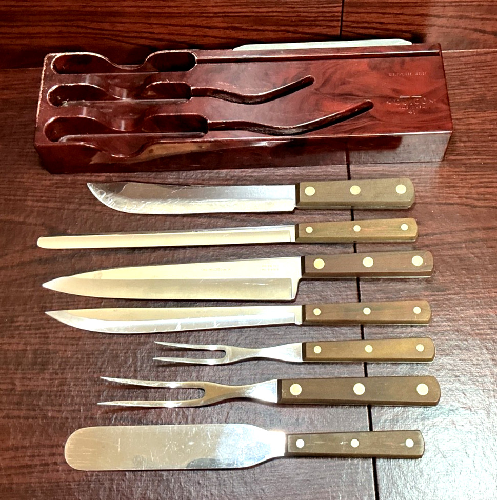 CUTCO 7 PIECE KNIFE & FORK SET WITH BAKELITE DRAWER HOLDER w/ SHARPENING STONE