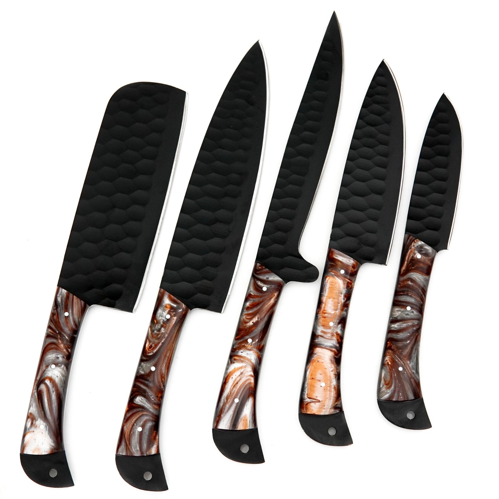 CUSTOM HANDMADE D2 HAMMERED PATTERN 5 PIECES CHEF SET WITH LEATHER CARRYING BAG