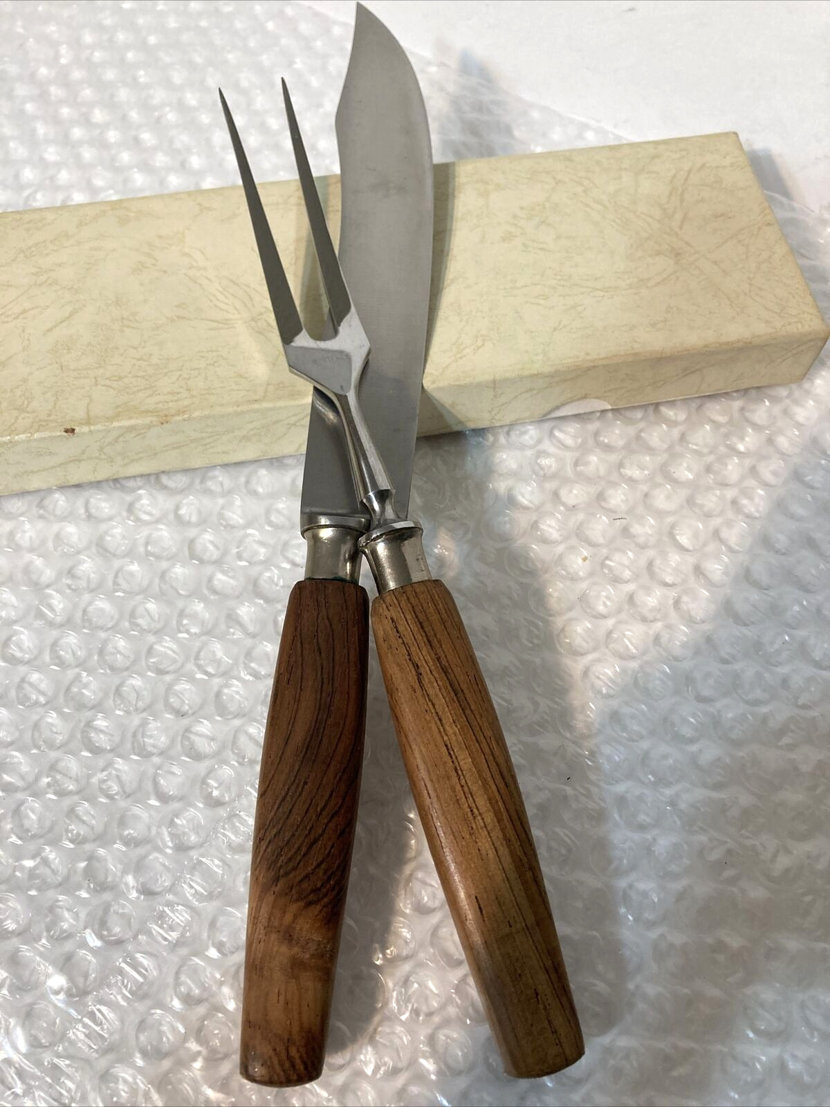 Vtg Mid-Century 2 Piece Carving Set – Solingen Germany – Stainless Teak – MCM