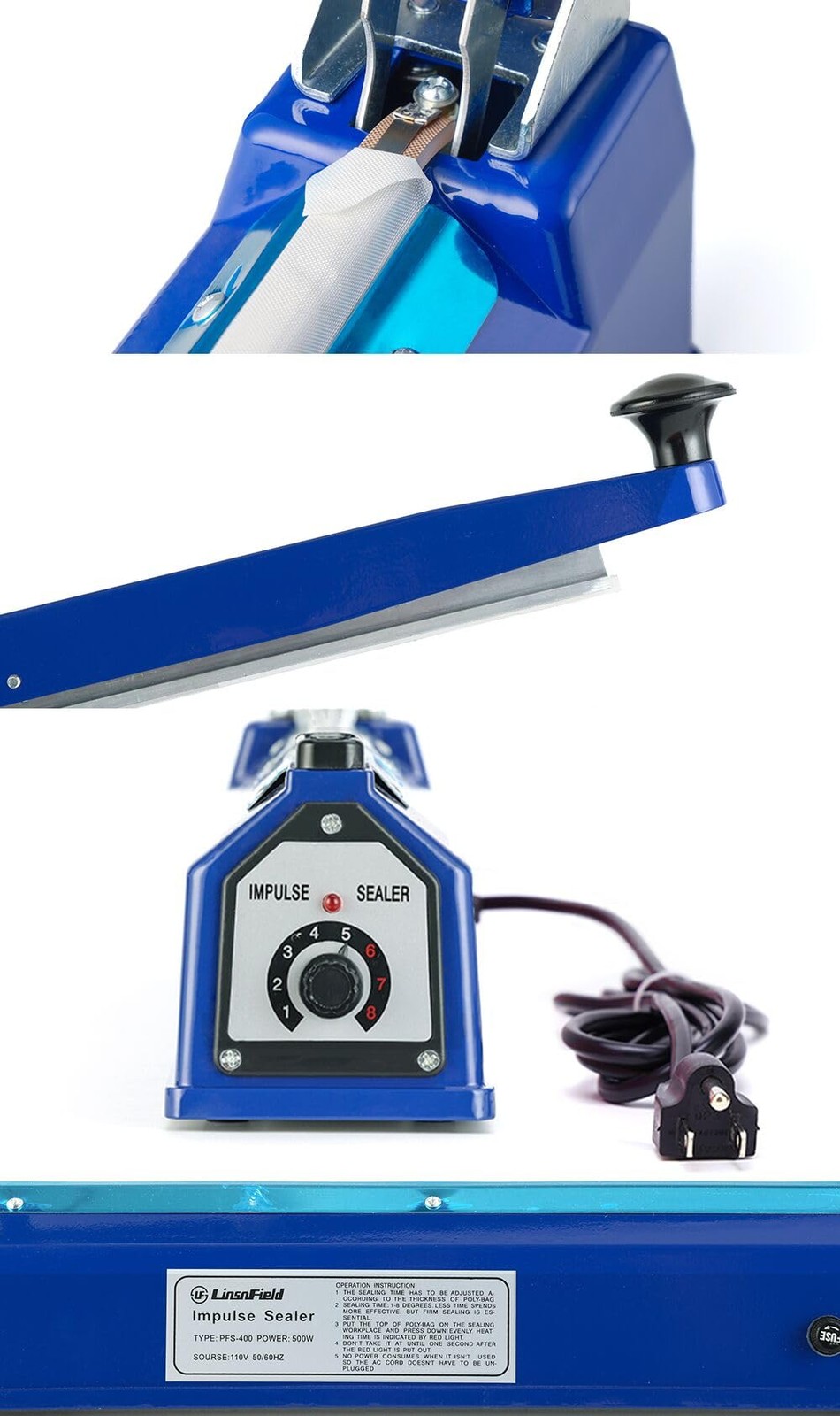 LinsnField Sealer Pro 8″ Impulse Heat Sealer 2mm Sealing Width Manual
