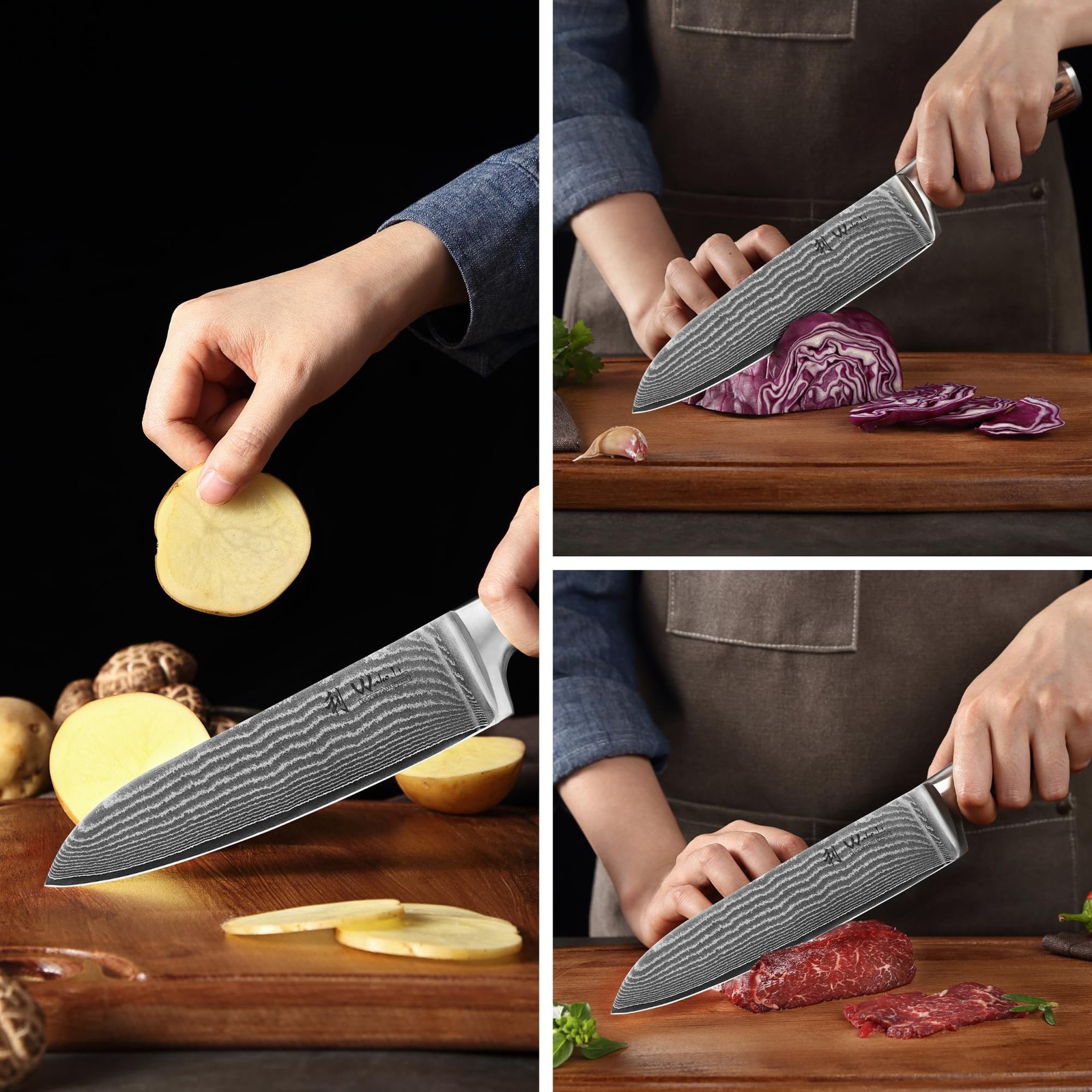 Wakoli EDIB 3-Piece Damascus Kitchen Knife Set in Wooden Gift Box – (VG10 Core)