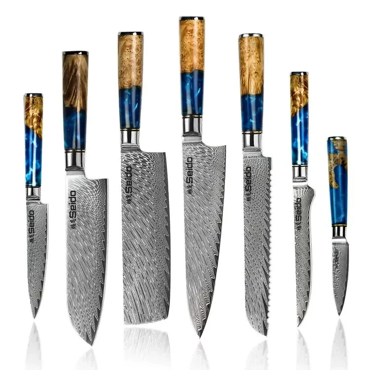 Seido Knives Executive Damascus Steel Knife Set, 7-Piece Versatile Cutting