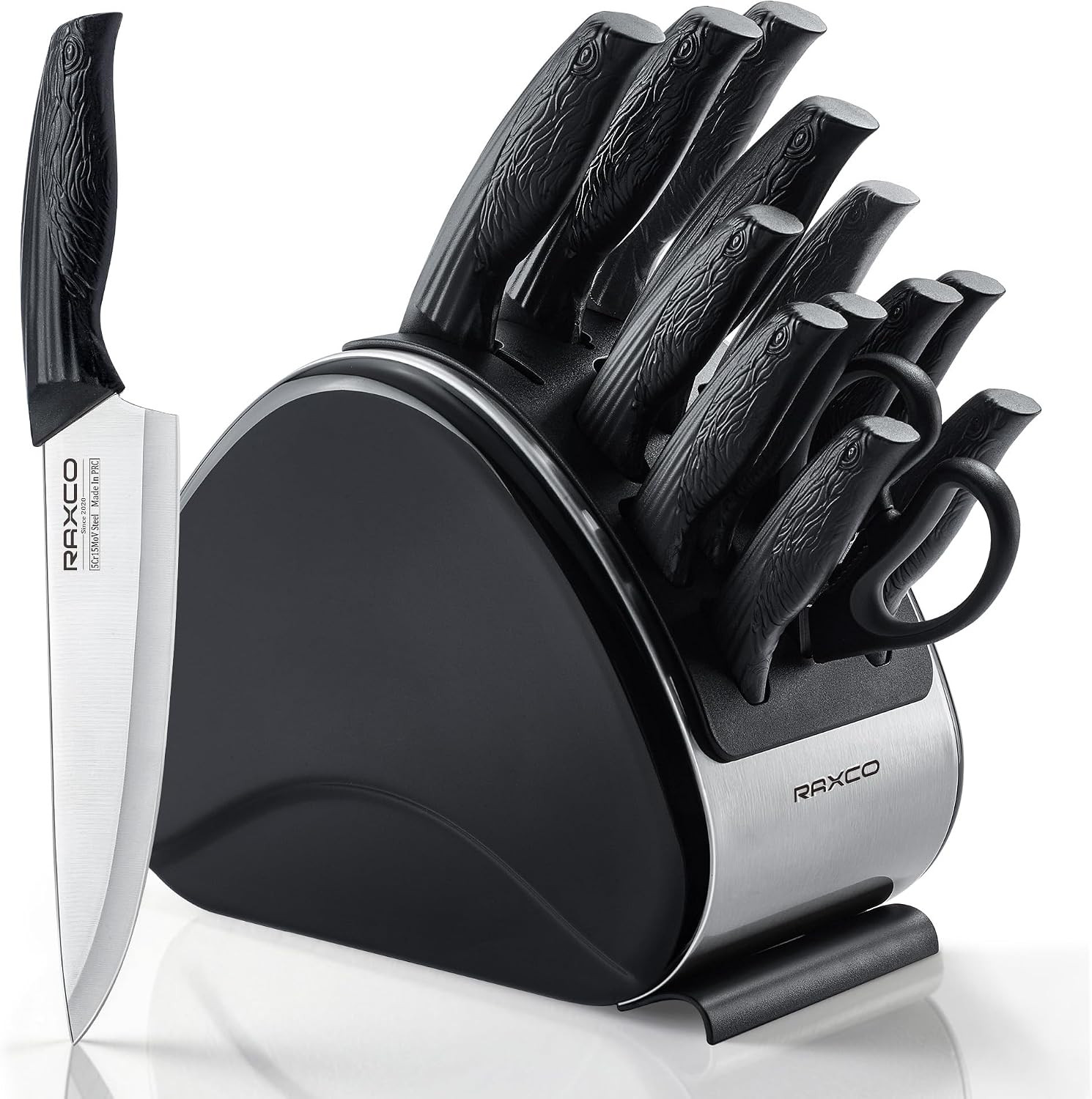 RAXCO 15-Piece Knife Sets with Block for Kitchen,Dishwasher Safe,Black | 6 Chef’