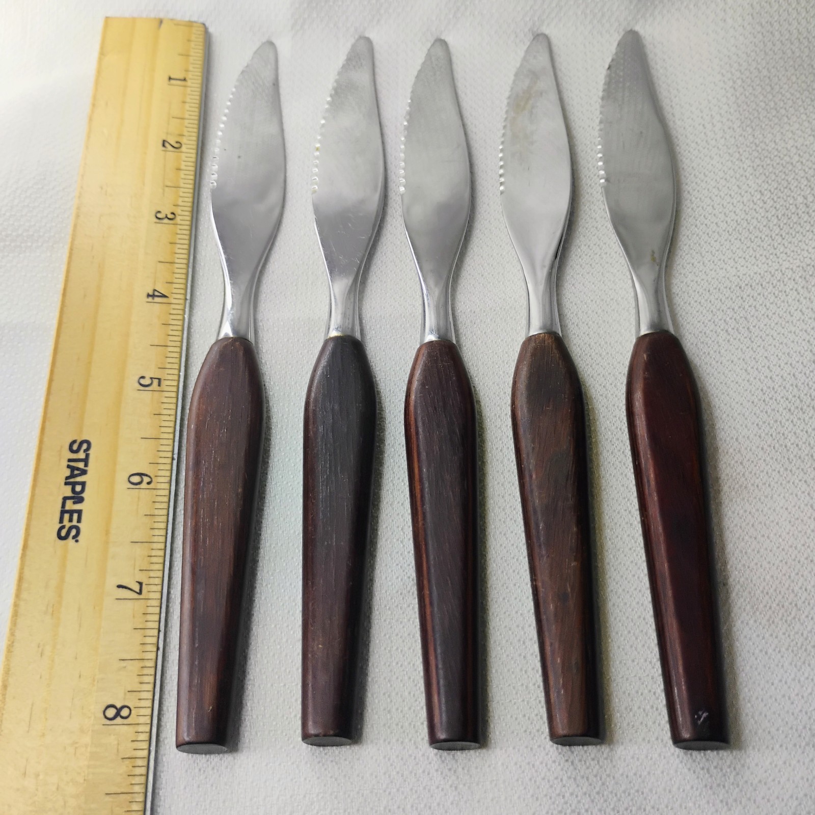 Vintage Teak Wood Fleetwood Designs Stainless Steak Knives Set of 5 8.25″ MCM