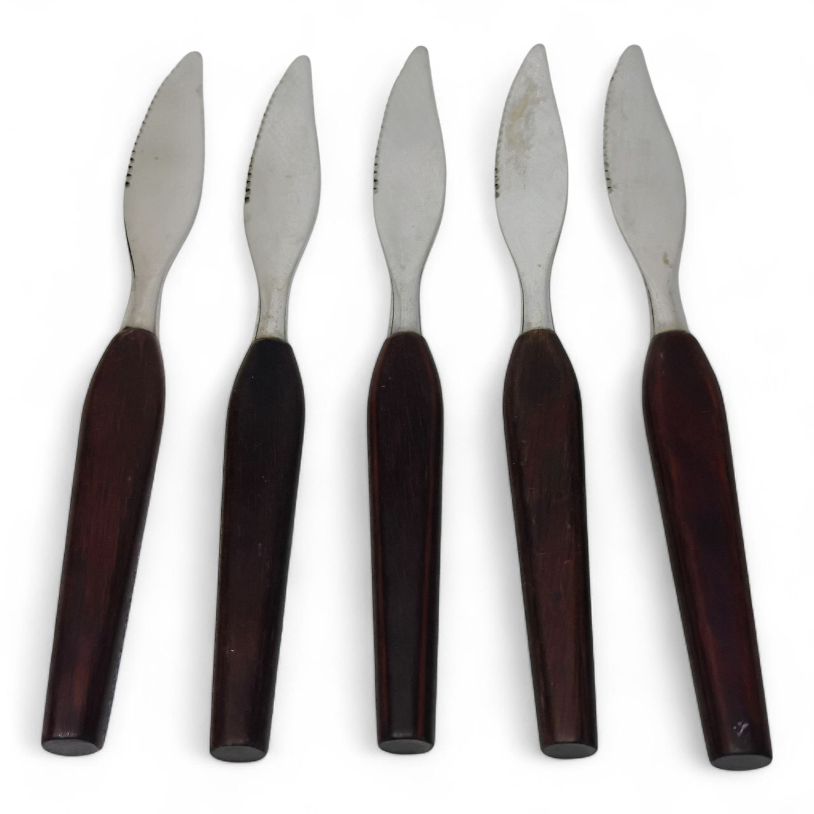 Vintage Teak Wood Fleetwood Designs Stainless Steak Knives Set of 5 8.25″ MCM