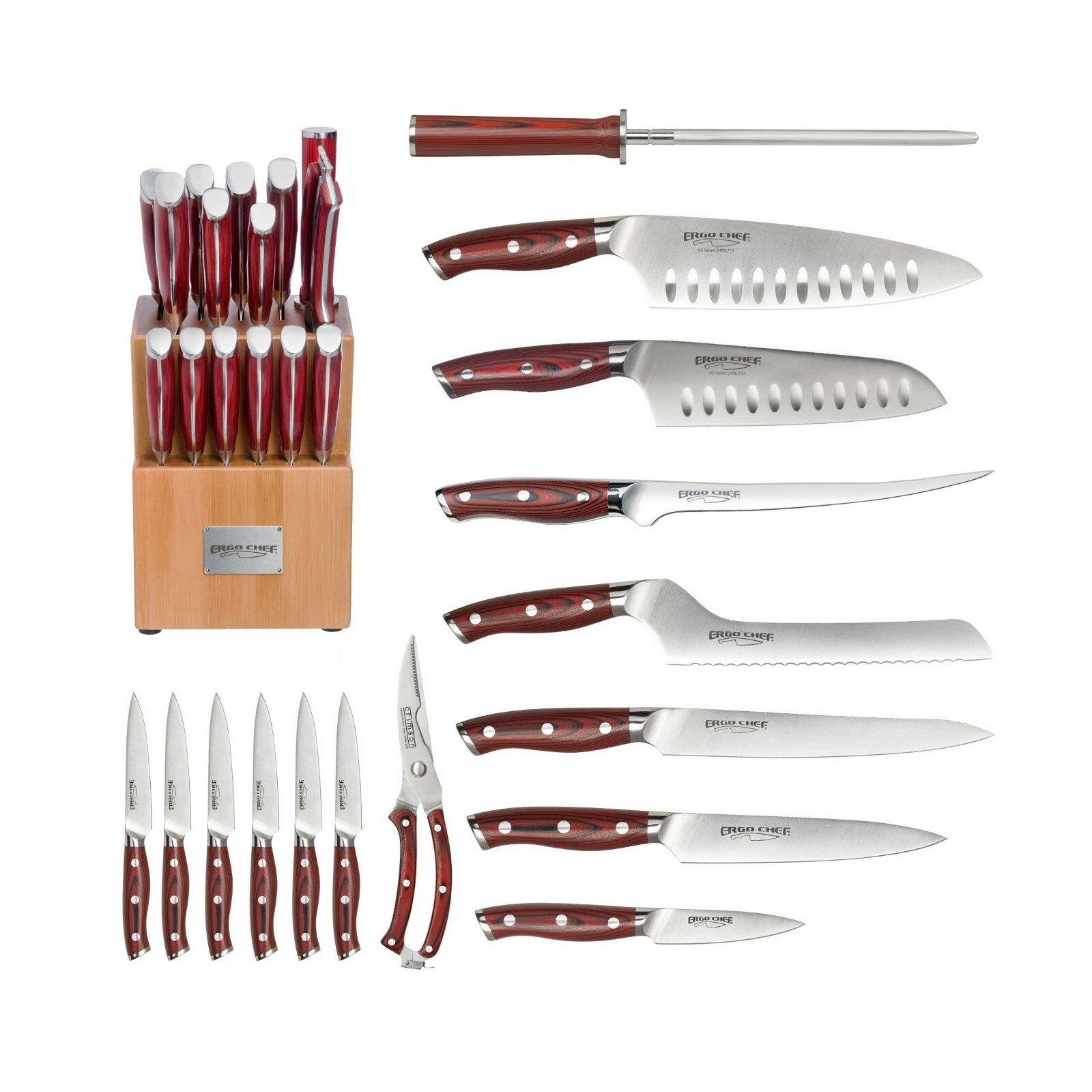 16 pc. Bamboo Block knife set G10 Handles German Steel CRIMSON Series Ergo Chef