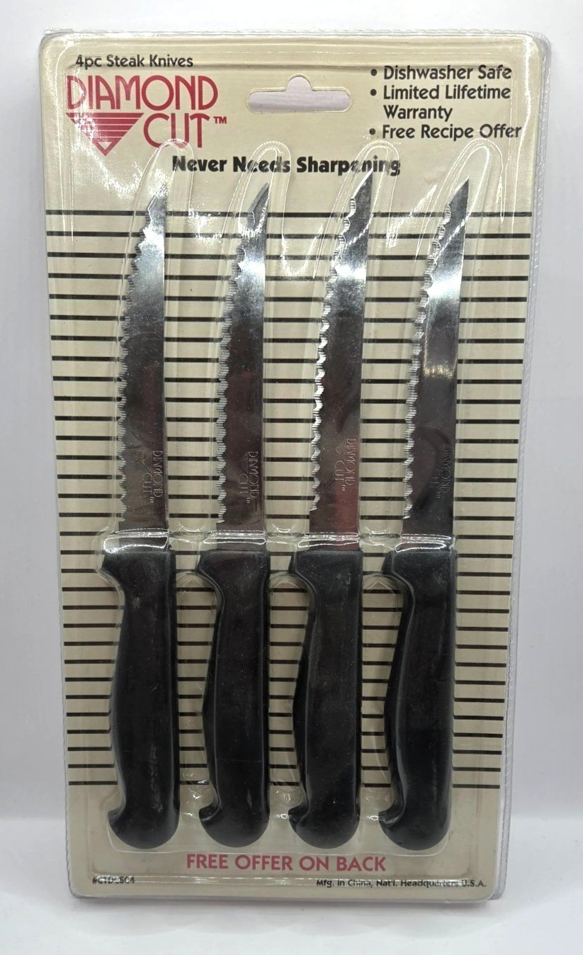 Vtg Diamond Cut 4pc Steak Knives Stainless Steel Black Handles Factory Sealed