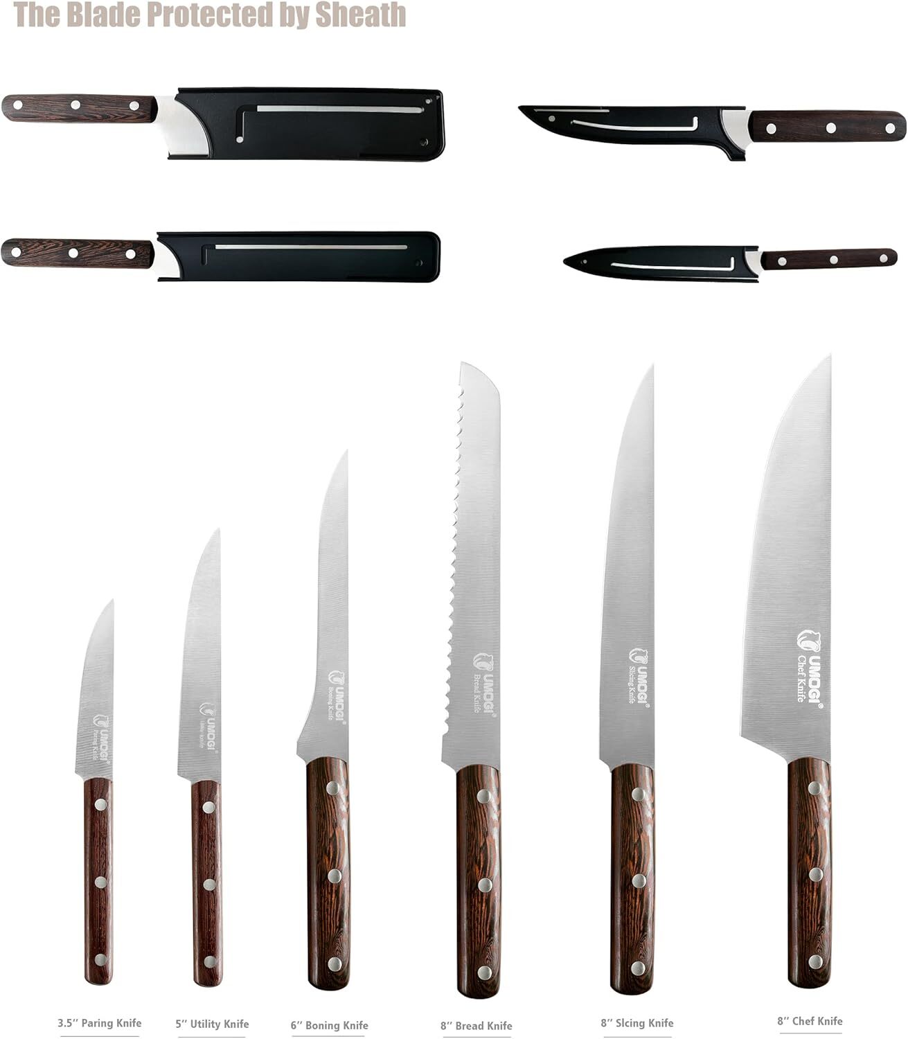 Kitchen Knife Set 6 Piece with Sheath Covers in Gift Box – Full Tang Wooden