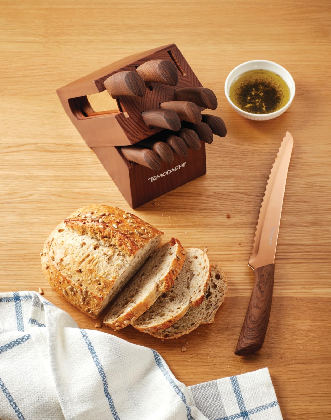 13-Piece Copper Knife Block Set, Brown Wood Kitchen Cutlery, Sharp & Durable
